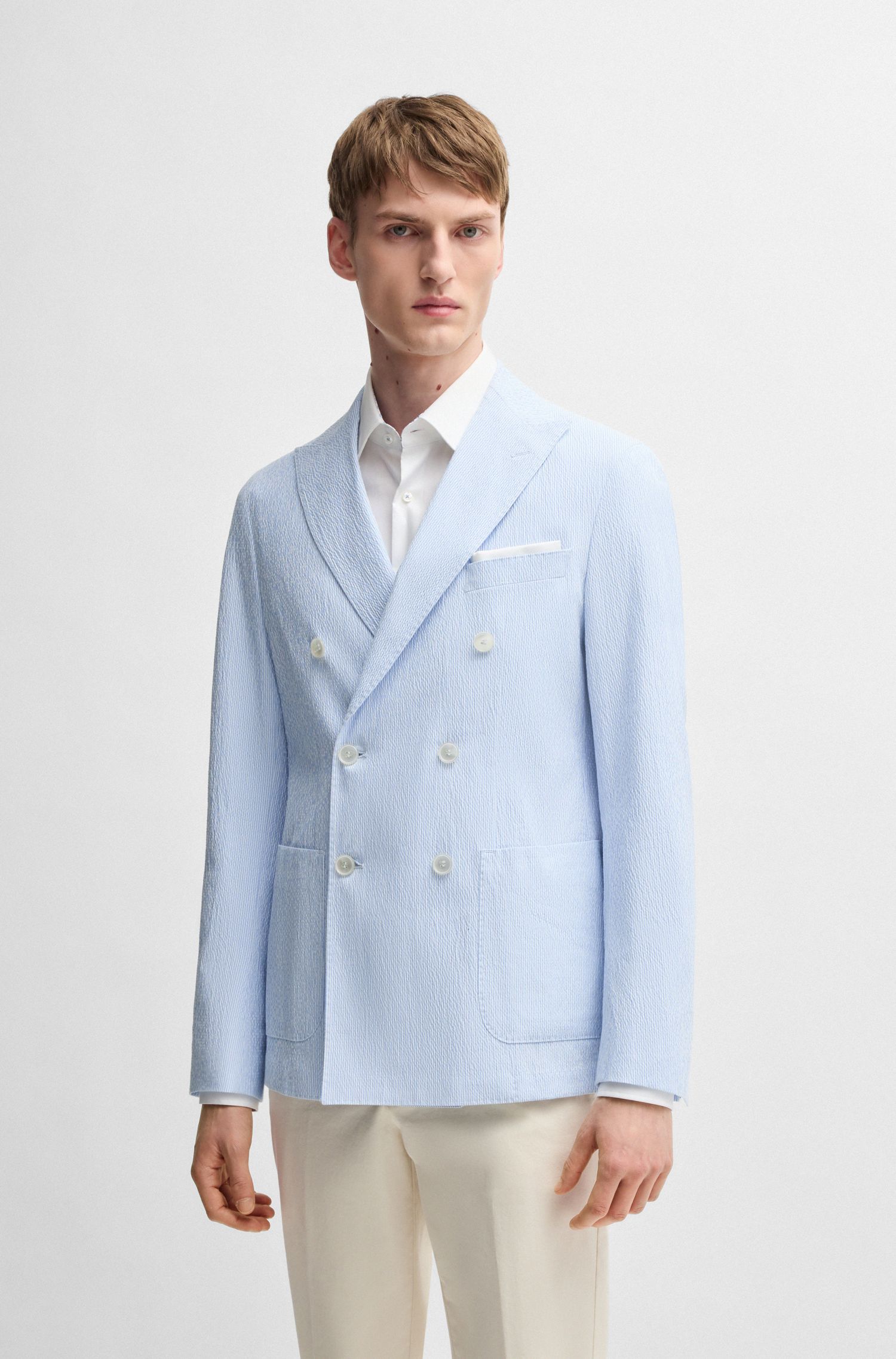 Áo vest bộ dáng slim fit chất liệu cotton seersucker