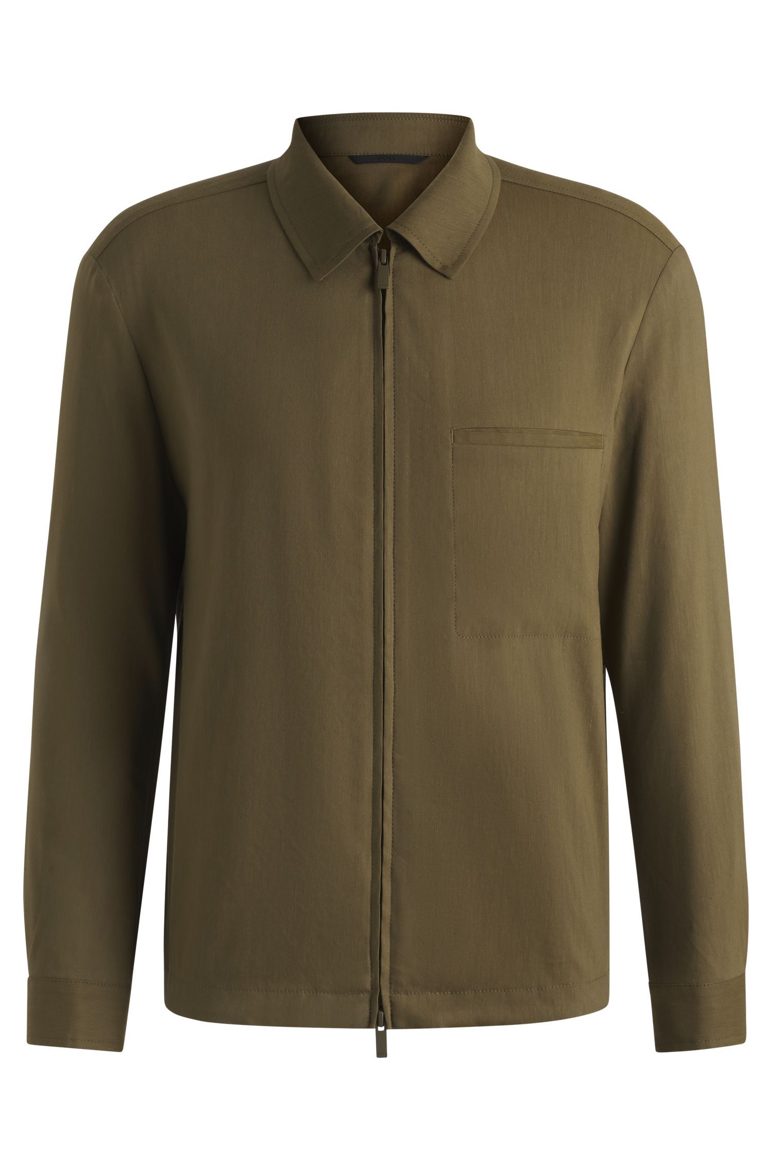 BOSS - Áo overshirt dáng relaxed fit có khóa kéo chất liệu linen pha