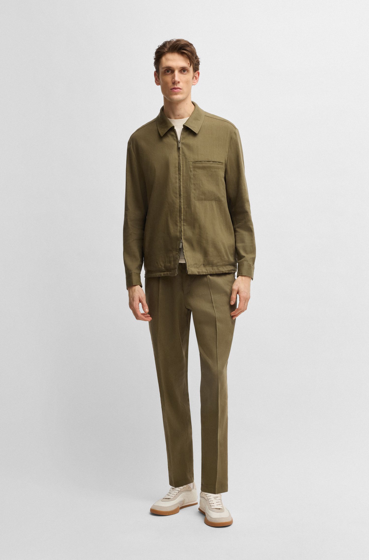 BOSS - Áo overshirt dáng relaxed fit có khóa kéo chất liệu linen pha
