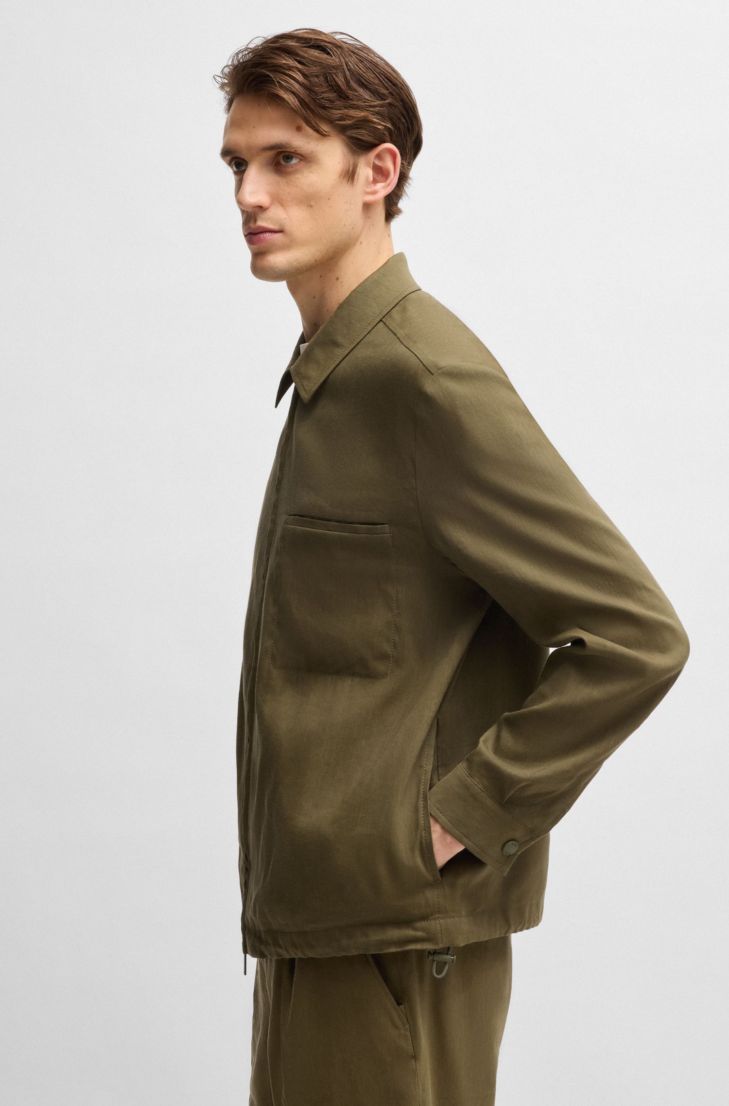 BOSS - Áo overshirt dáng relaxed fit có khóa kéo chất liệu linen pha