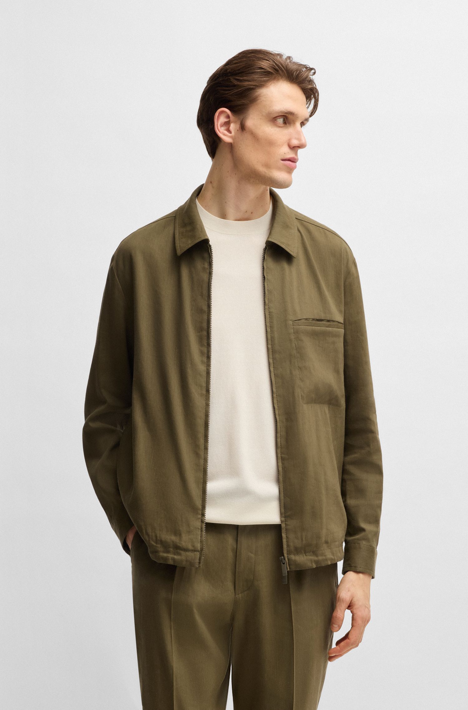 BOSS - Áo overshirt dáng relaxed fit có khóa kéo chất liệu linen pha