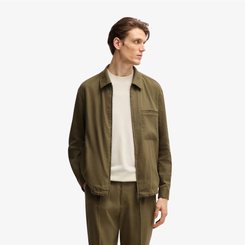 BOSS - Áo overshirt dáng relaxed fit có khóa kéo chất liệu linen pha