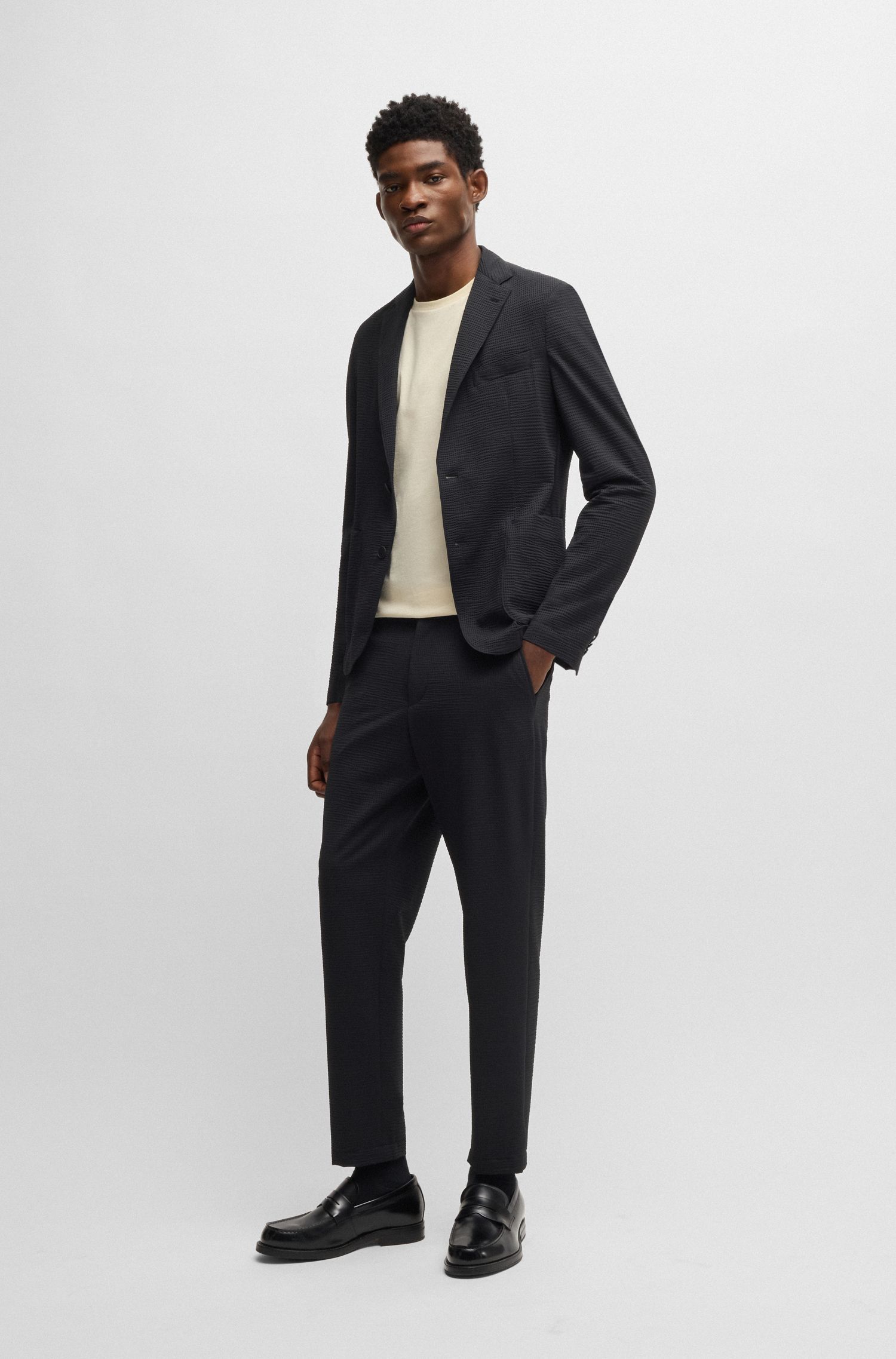 BOSS - Áo vest dáng slim fit chất liệu seersucker co giãn