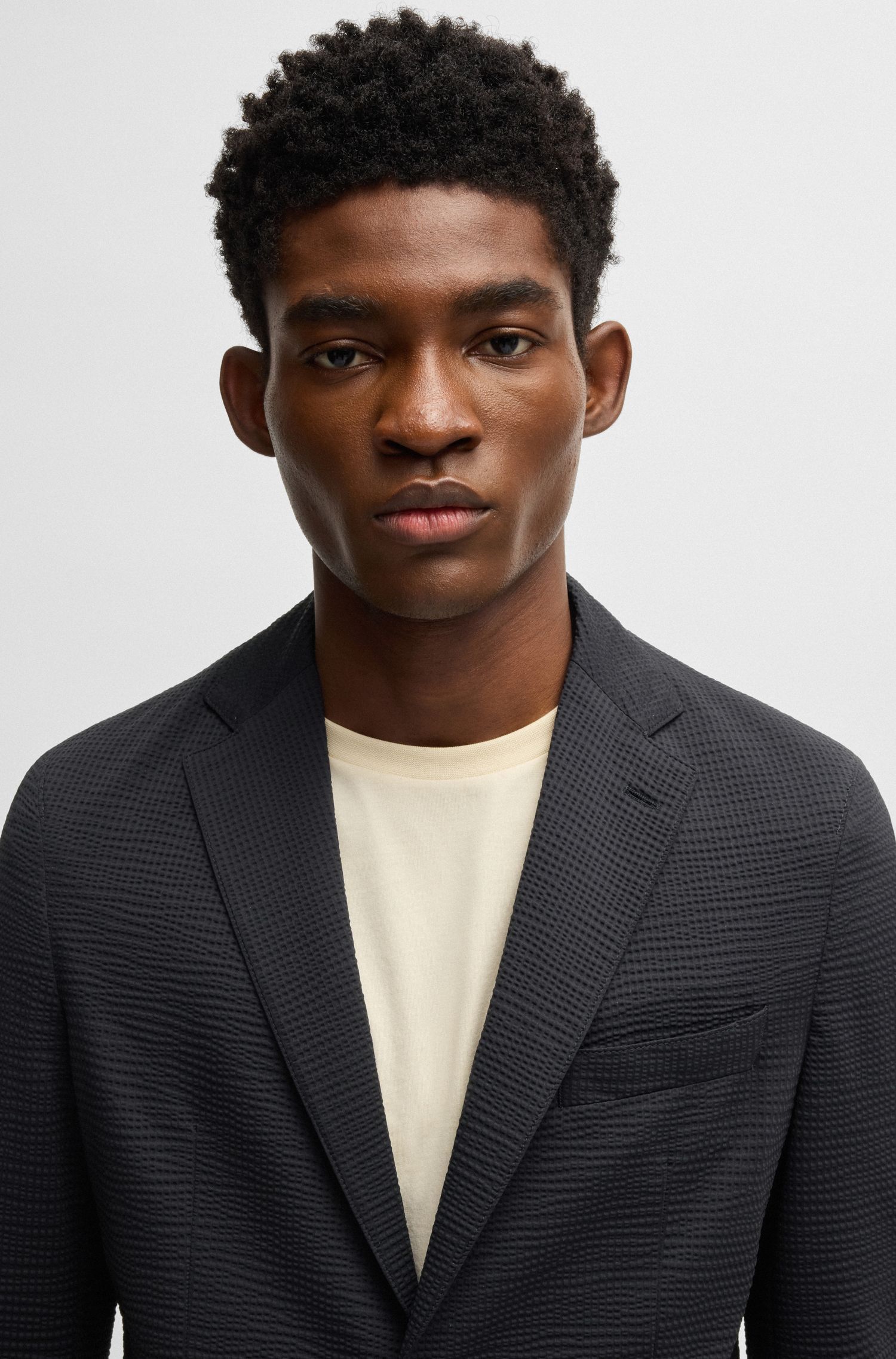 BOSS - Áo vest dáng slim fit chất liệu seersucker co giãn