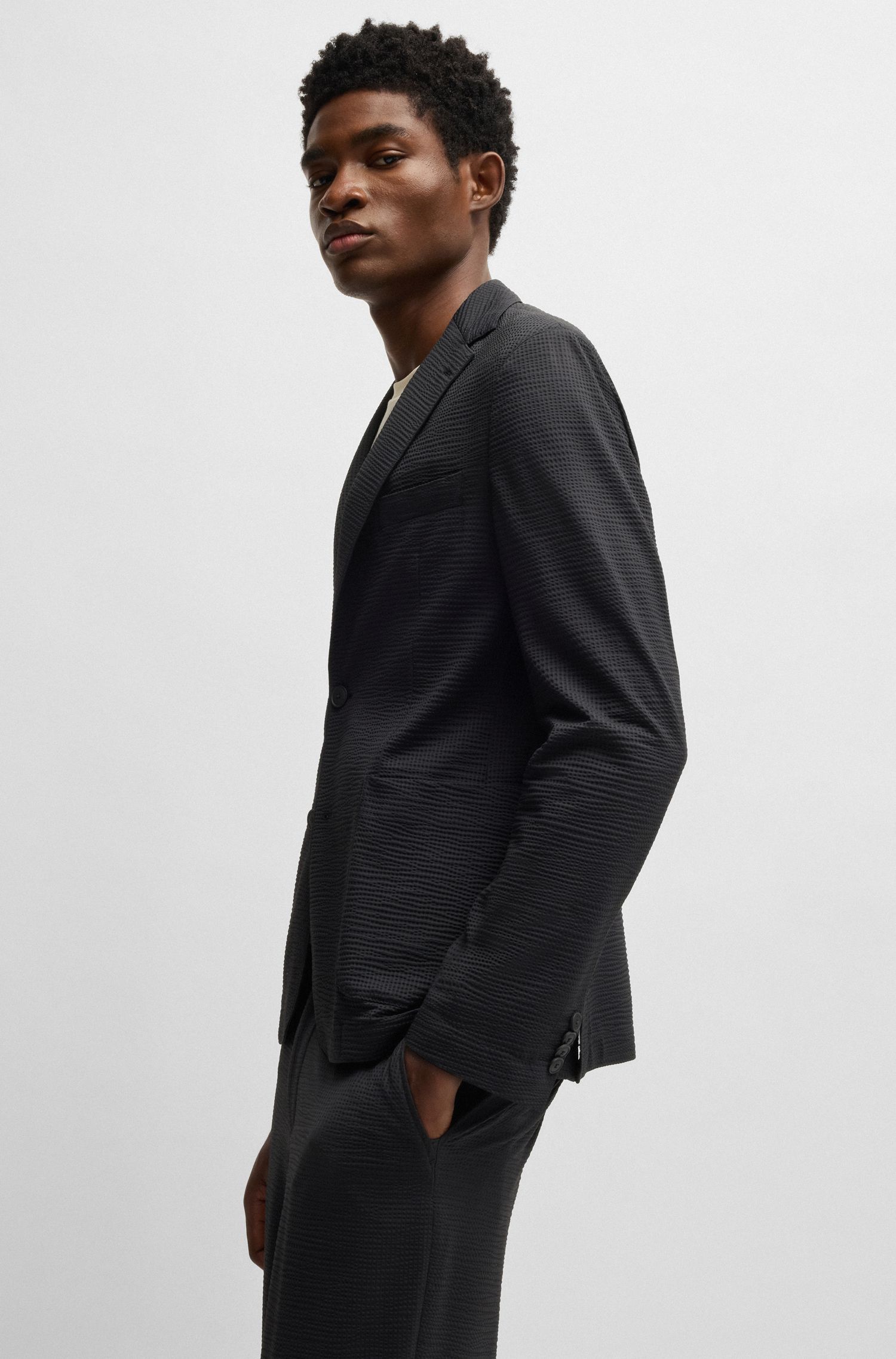 BOSS - Áo vest dáng slim fit chất liệu seersucker co giãn