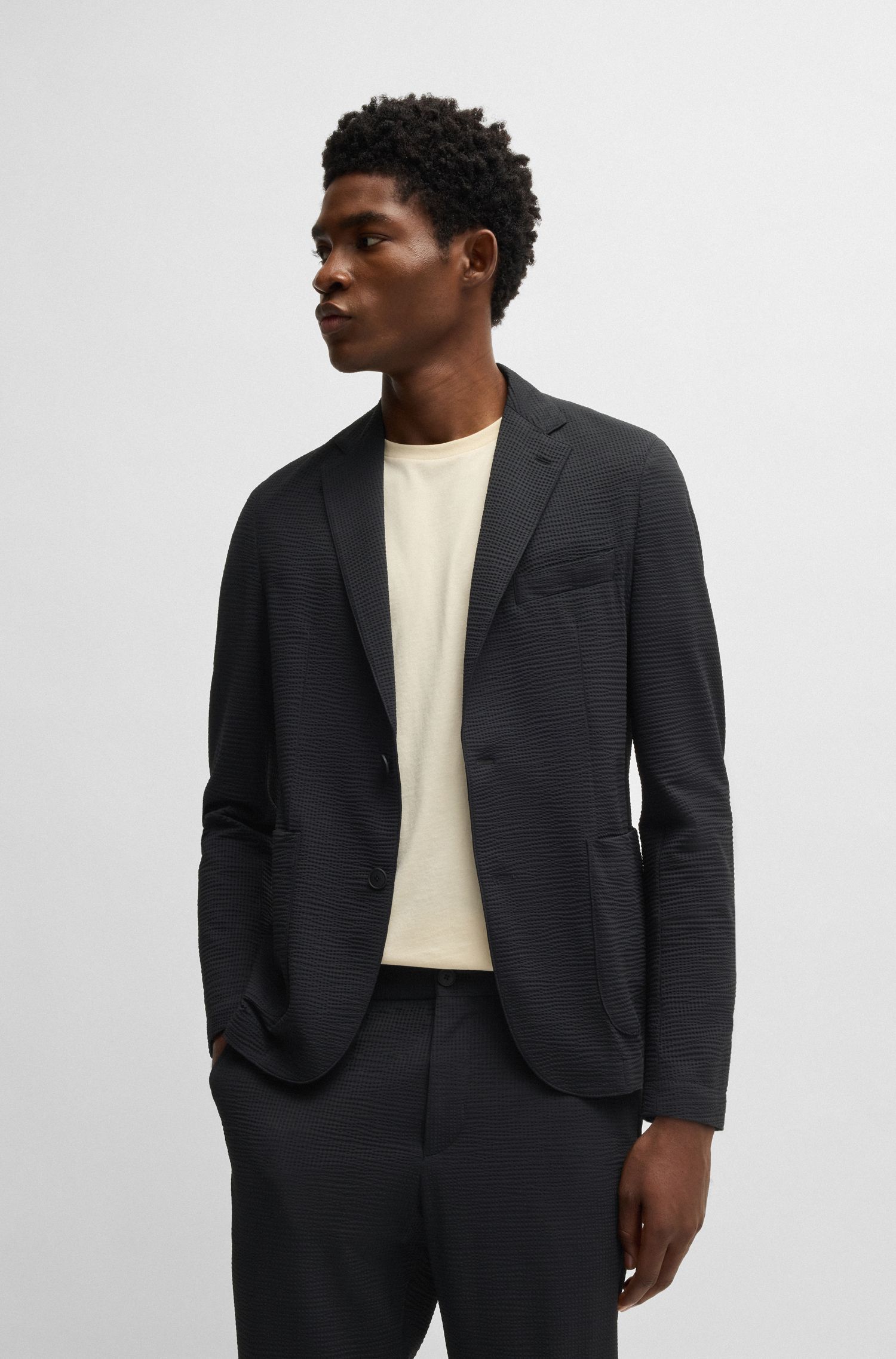 BOSS - Áo vest dáng slim fit chất liệu seersucker co giãn