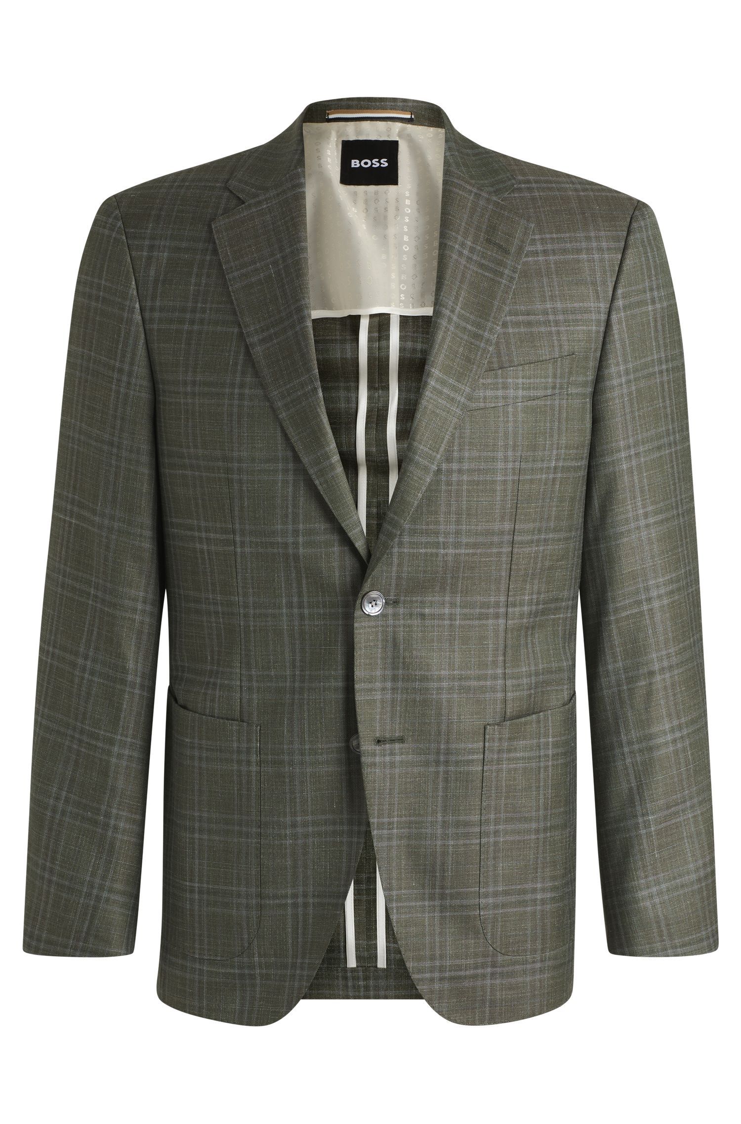 BOSS - Áo blazer dáng regular-fit kẻ caro vải len, lụa và linen