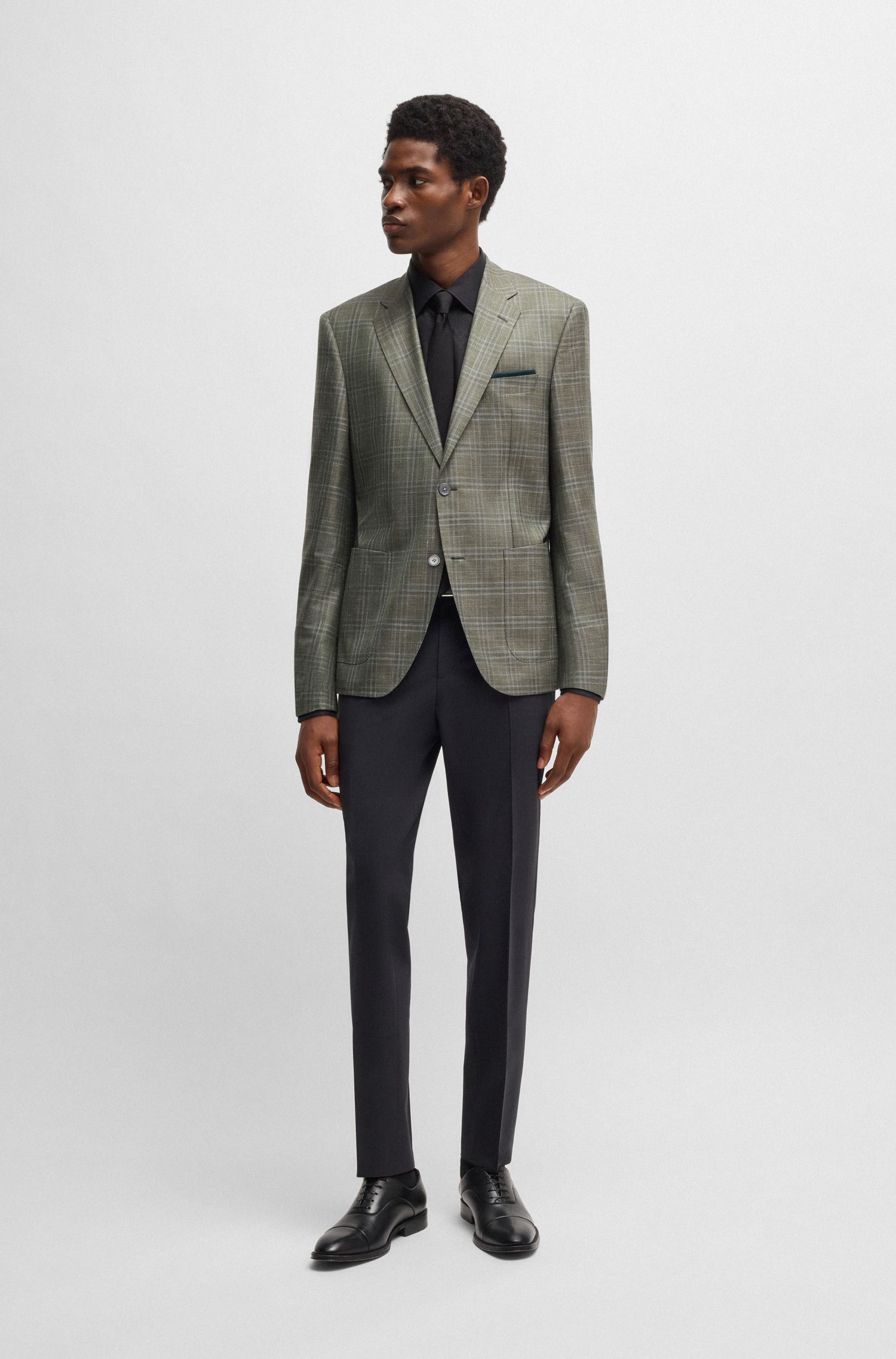 BOSS - Áo blazer dáng regular-fit kẻ caro vải len, lụa và linen