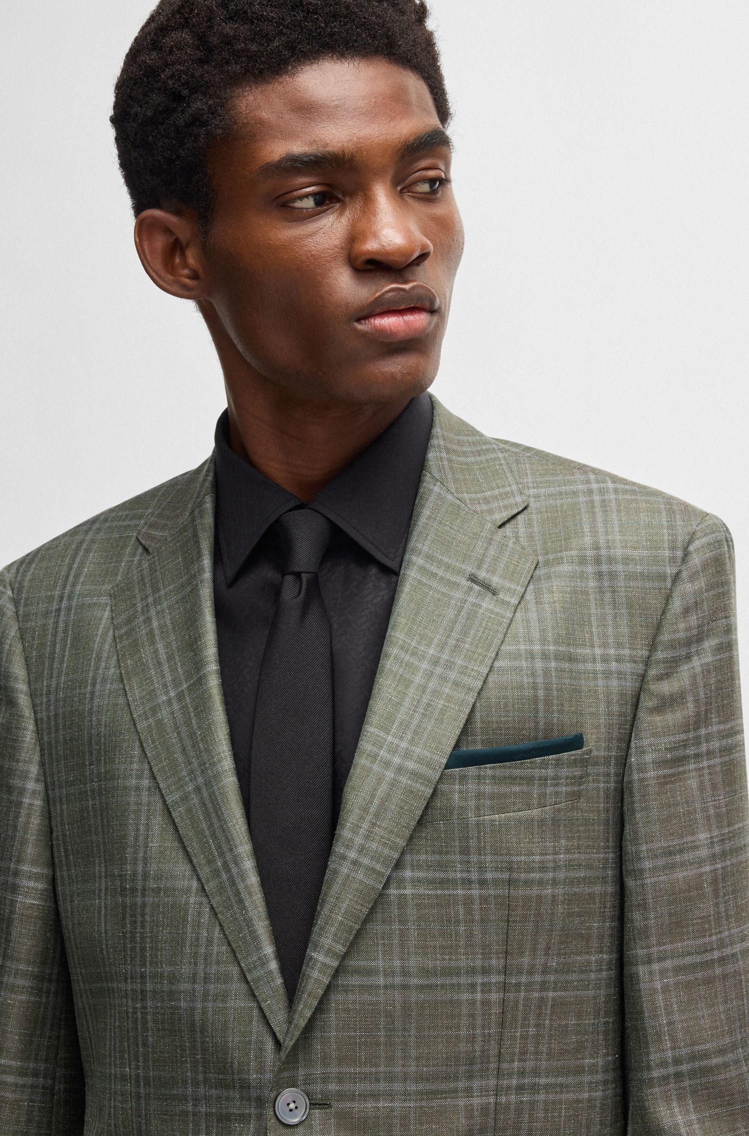 BOSS - Áo blazer dáng regular-fit kẻ caro vải len, lụa và linen