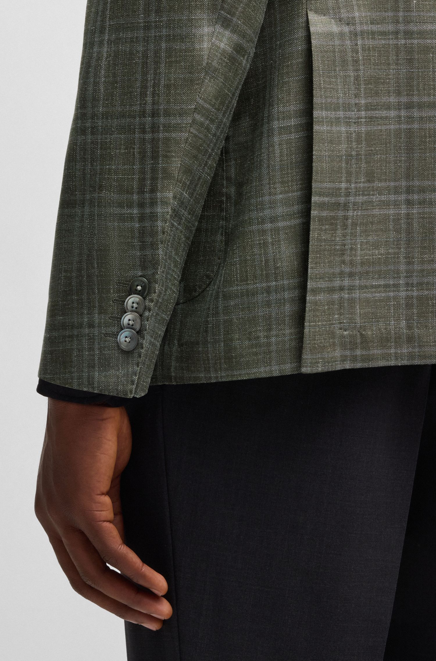 BOSS - Áo blazer dáng regular-fit kẻ caro vải len, lụa và linen
