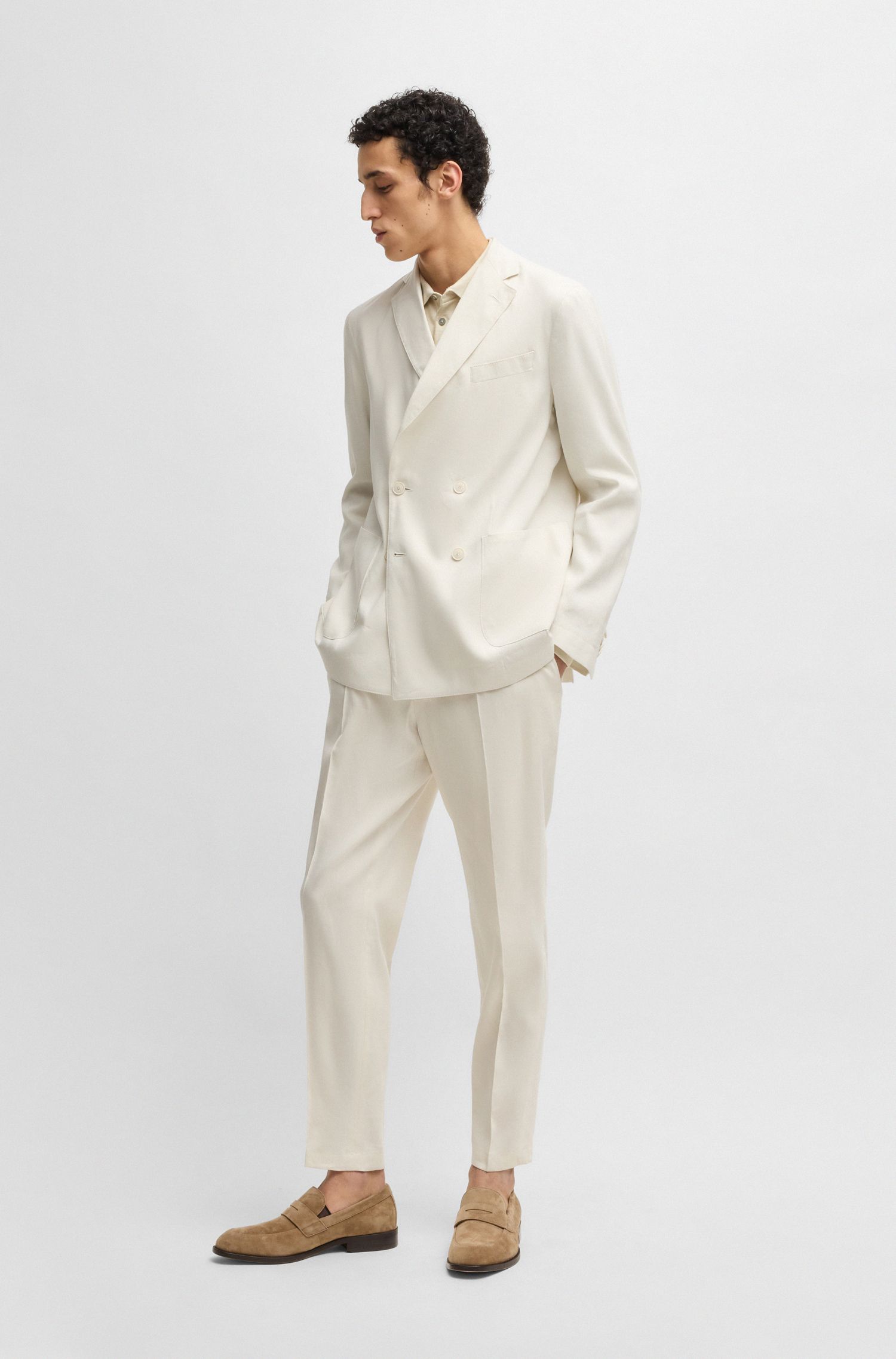 BOSS - Quần tây dáng tapered fit chất liệu linen pha