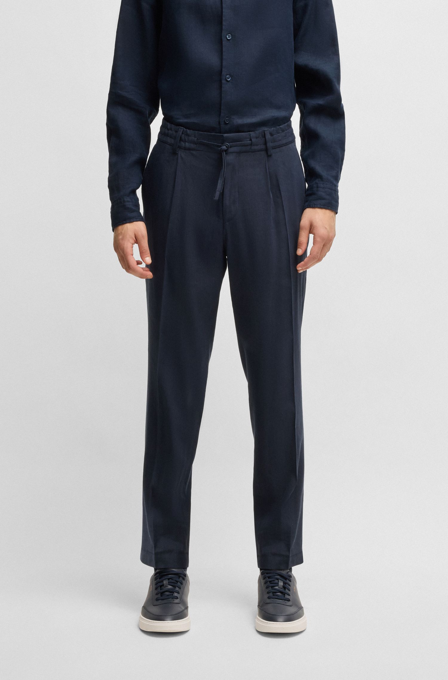 BOSS - Quần tây dáng tapered fit chất liệu linen pha