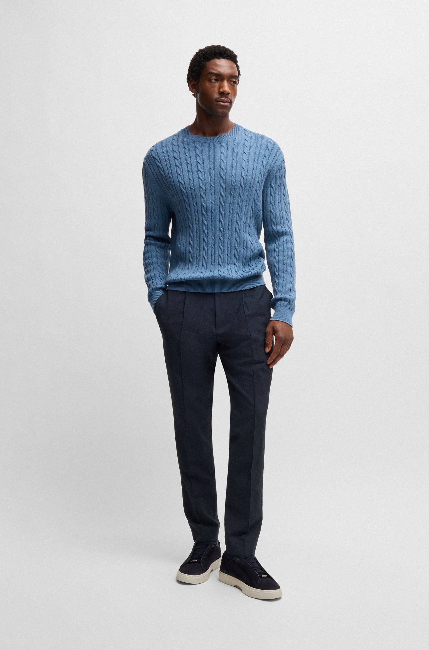 BOSS - Quần dài dáng ôm slim fit chất liệu seersucker pha len virgin wool