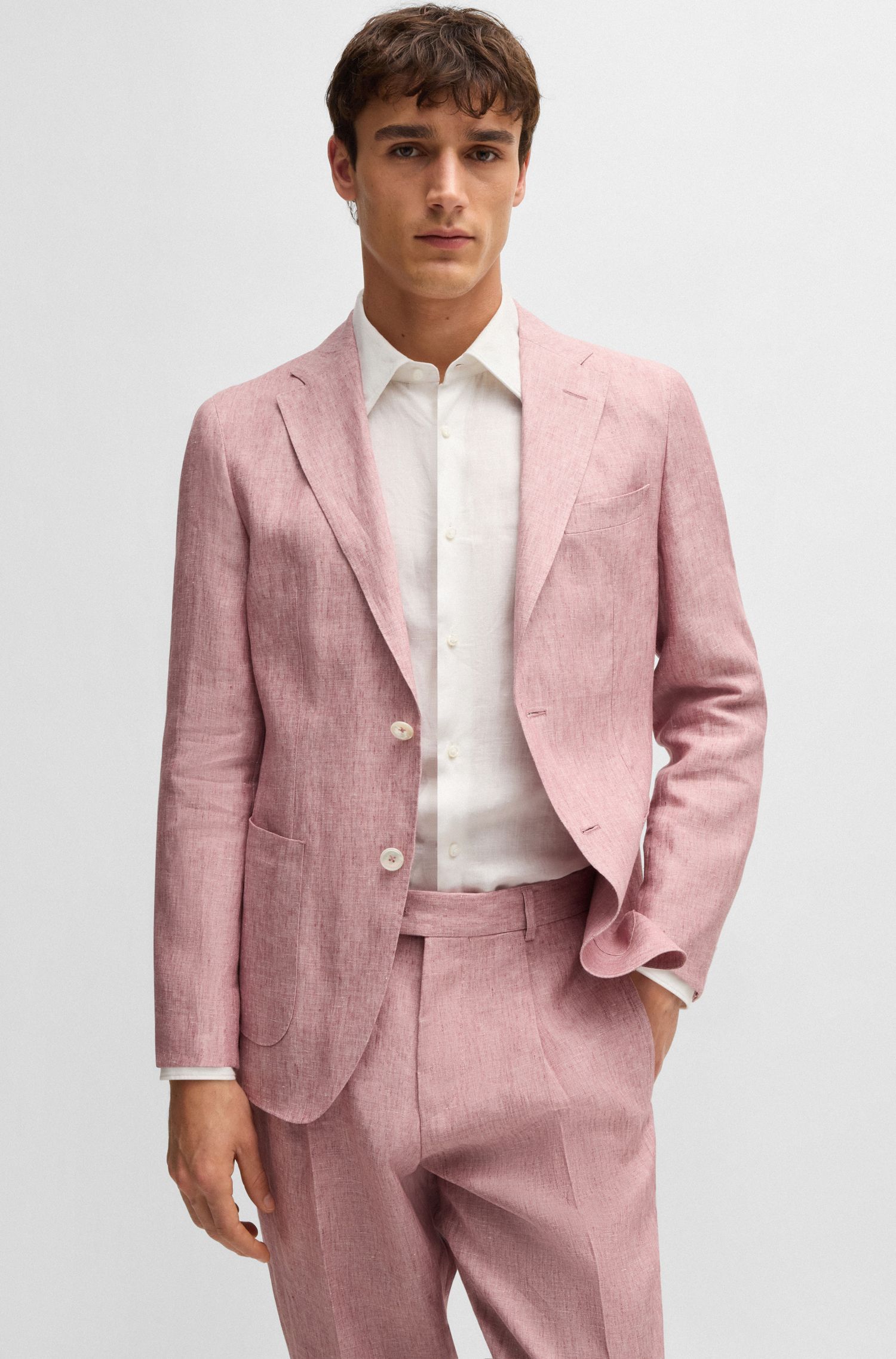 BOSS - Áo sơ mi dáng ôm slim fit chất liệu linen