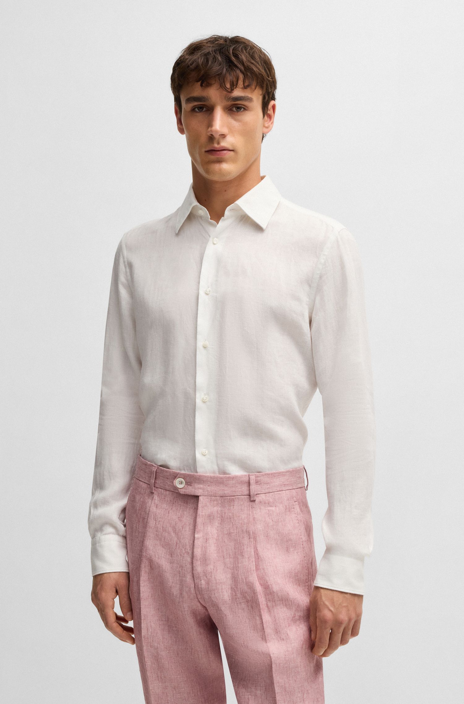 BOSS - Áo sơ mi dáng ôm slim fit chất liệu linen