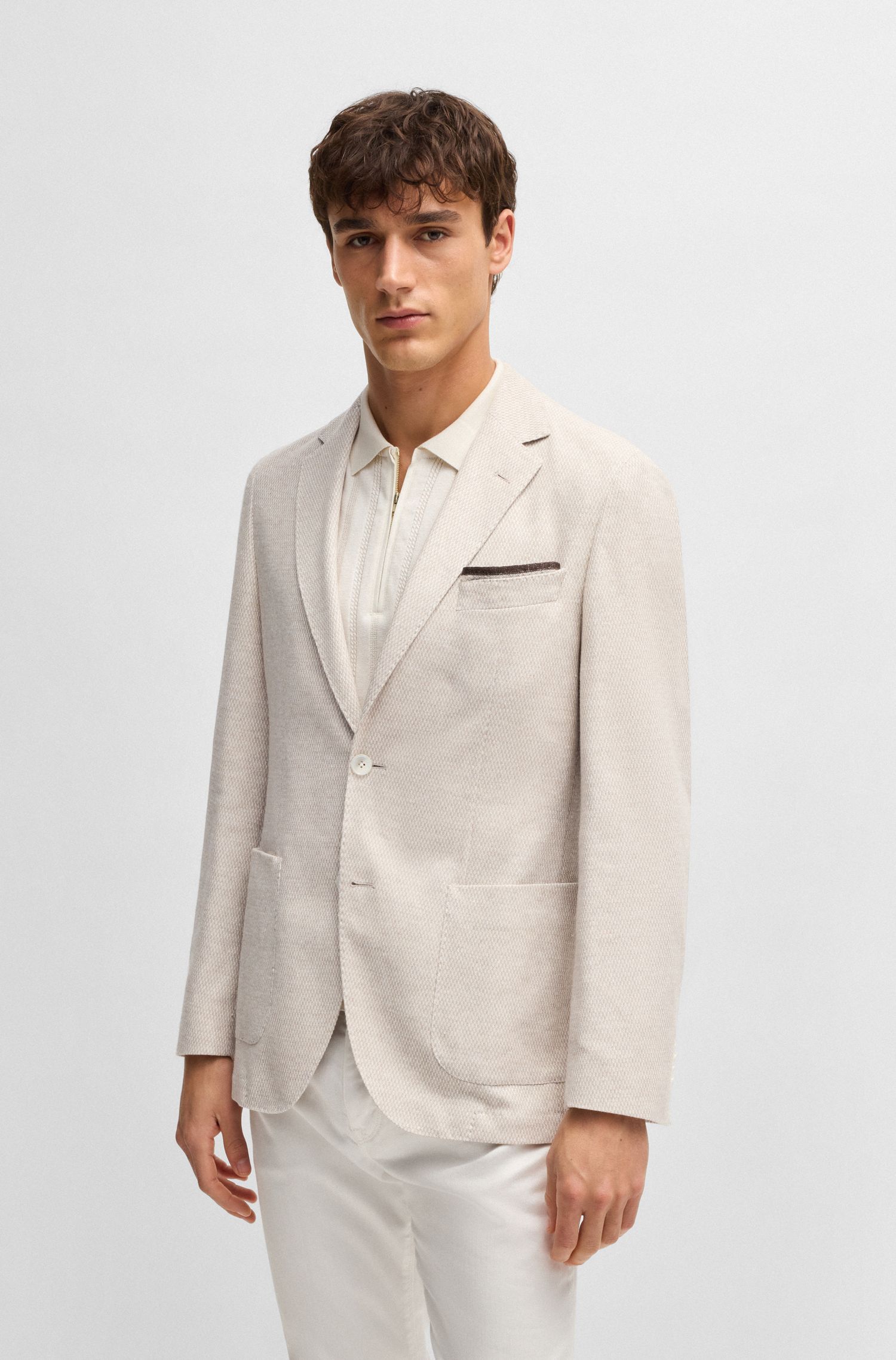 BOSS - Áo blazer dáng regular fit họa tiết pha linen và cotton
