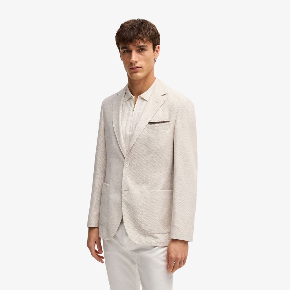 BOSS - Áo blazer dáng regular fit họa tiết pha linen và cotton