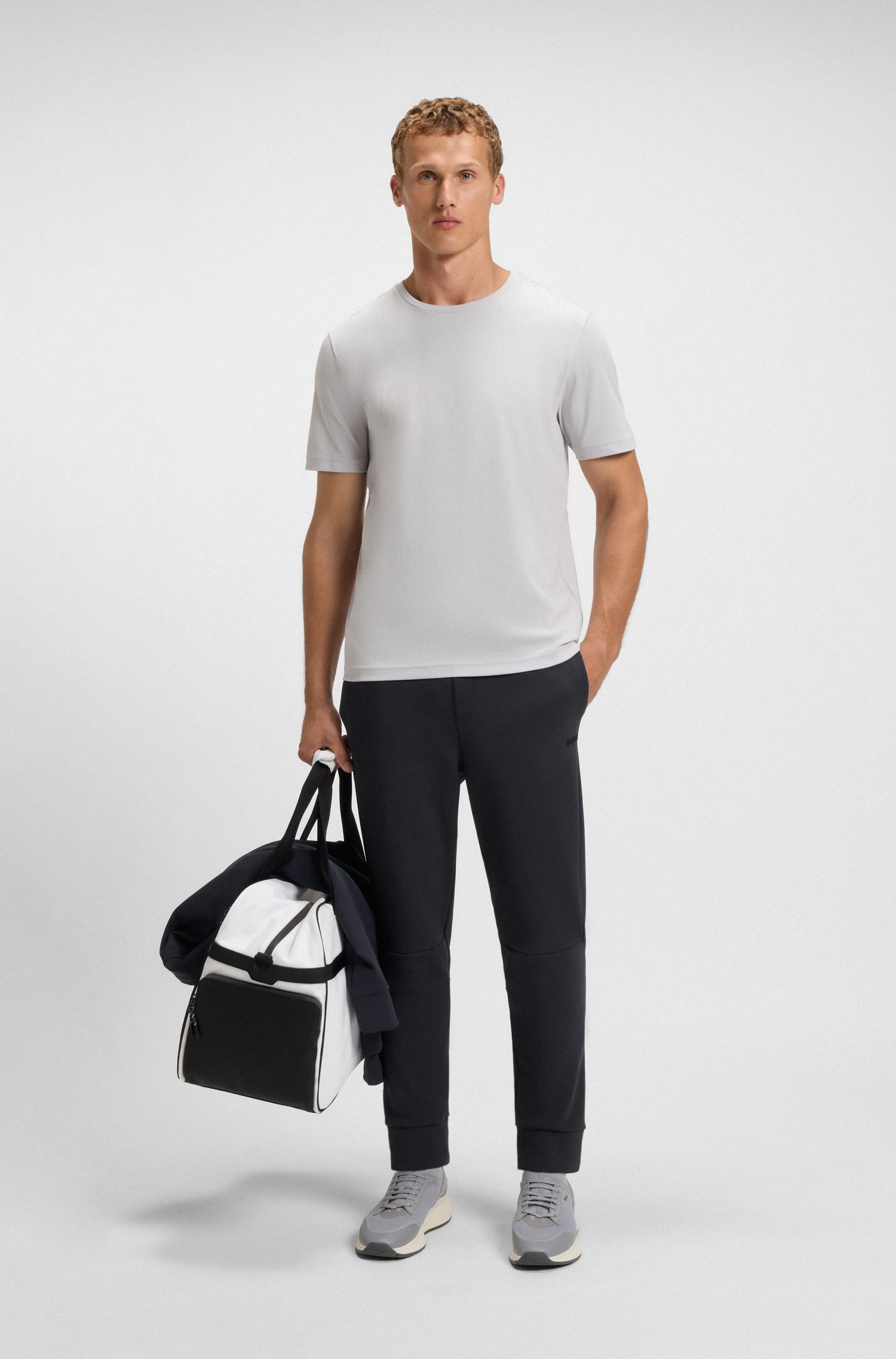 BOSS - Quần thể thao vải cotton pha với viền sọc