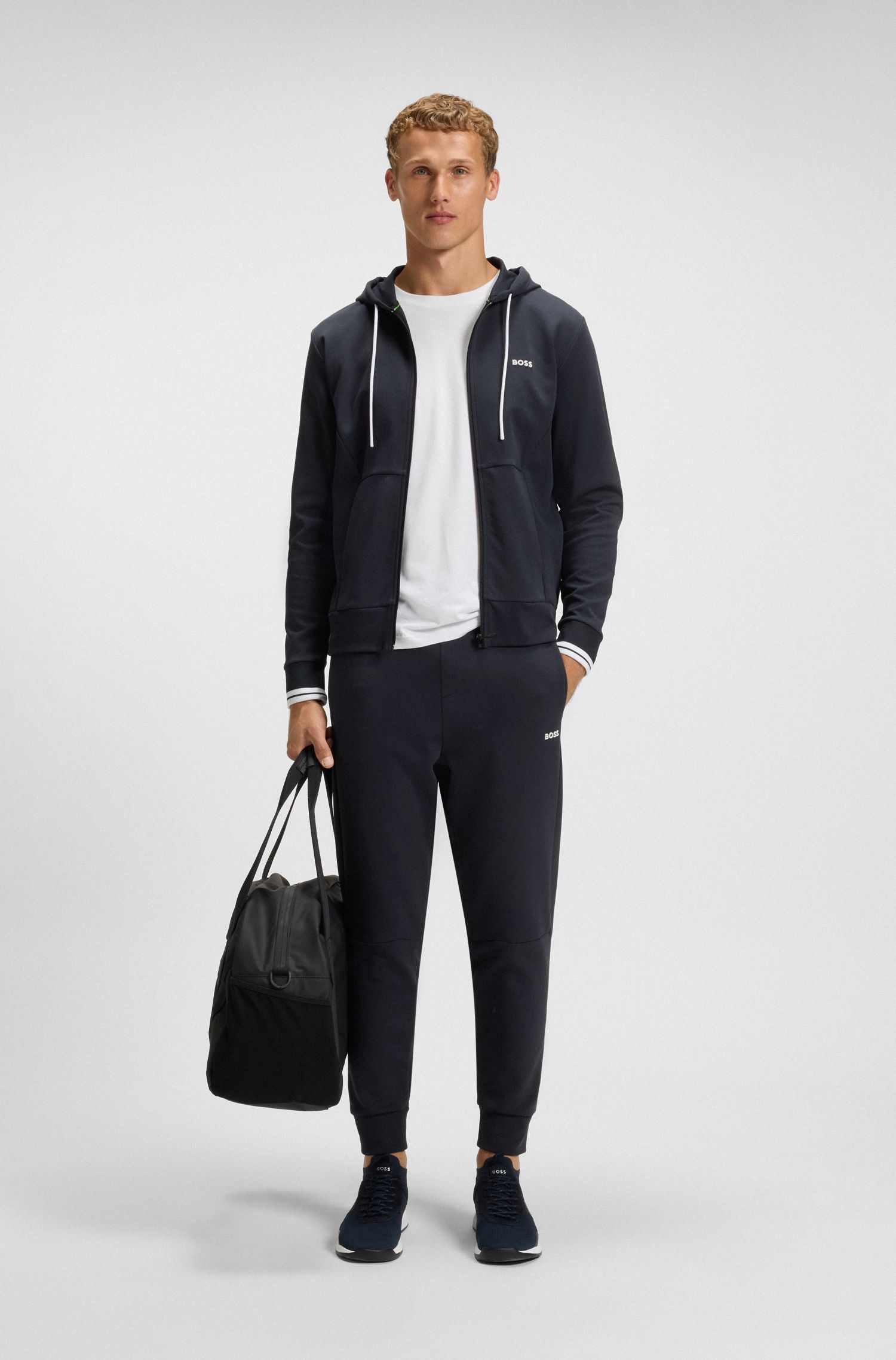 BOSS - Quần thể thao vải cotton pha với viền sọc