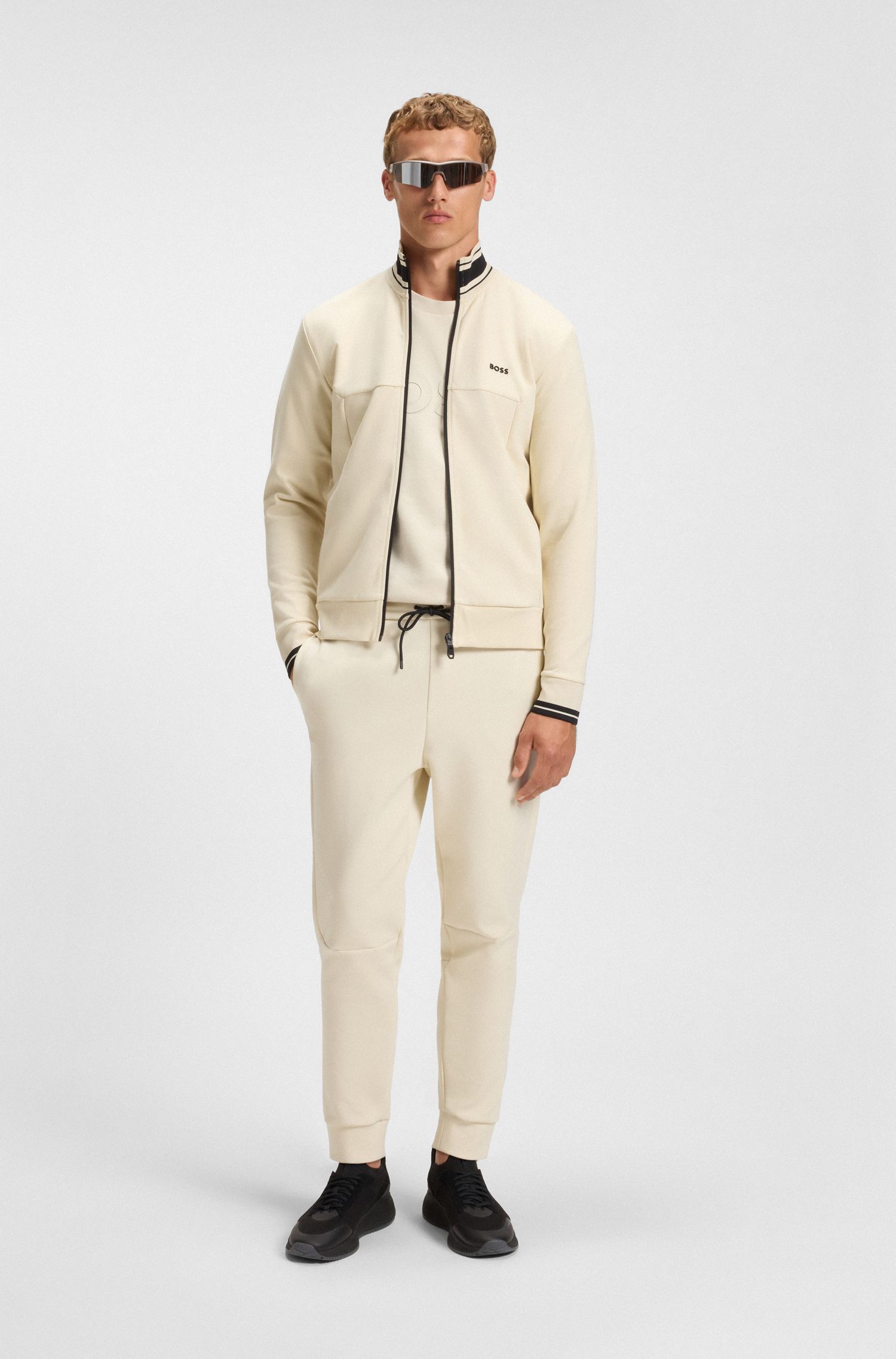 BOSS - Áo nỉ kéo khóa vải cotton pha với viền sọc