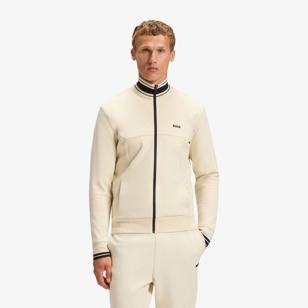 BOSS - Áo nỉ kéo khóa vải cotton pha với viền sọc