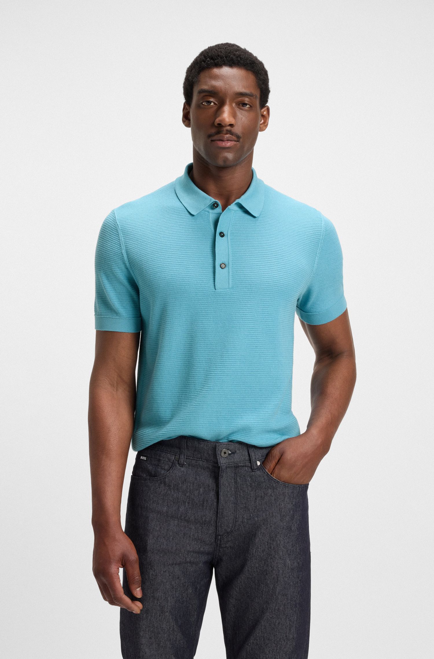 Áo polo dệt kim dáng regular fit vải cotton pha
