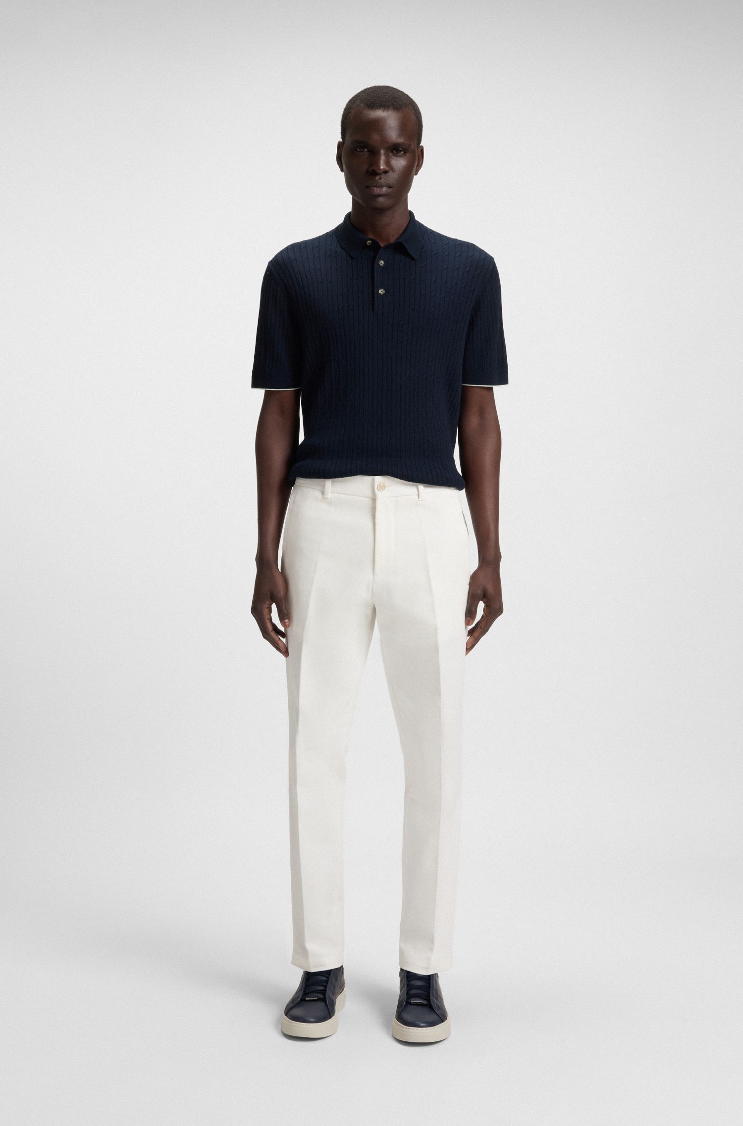 BOSS - Áo polo dệt xoắn thừng vải lụa cotton