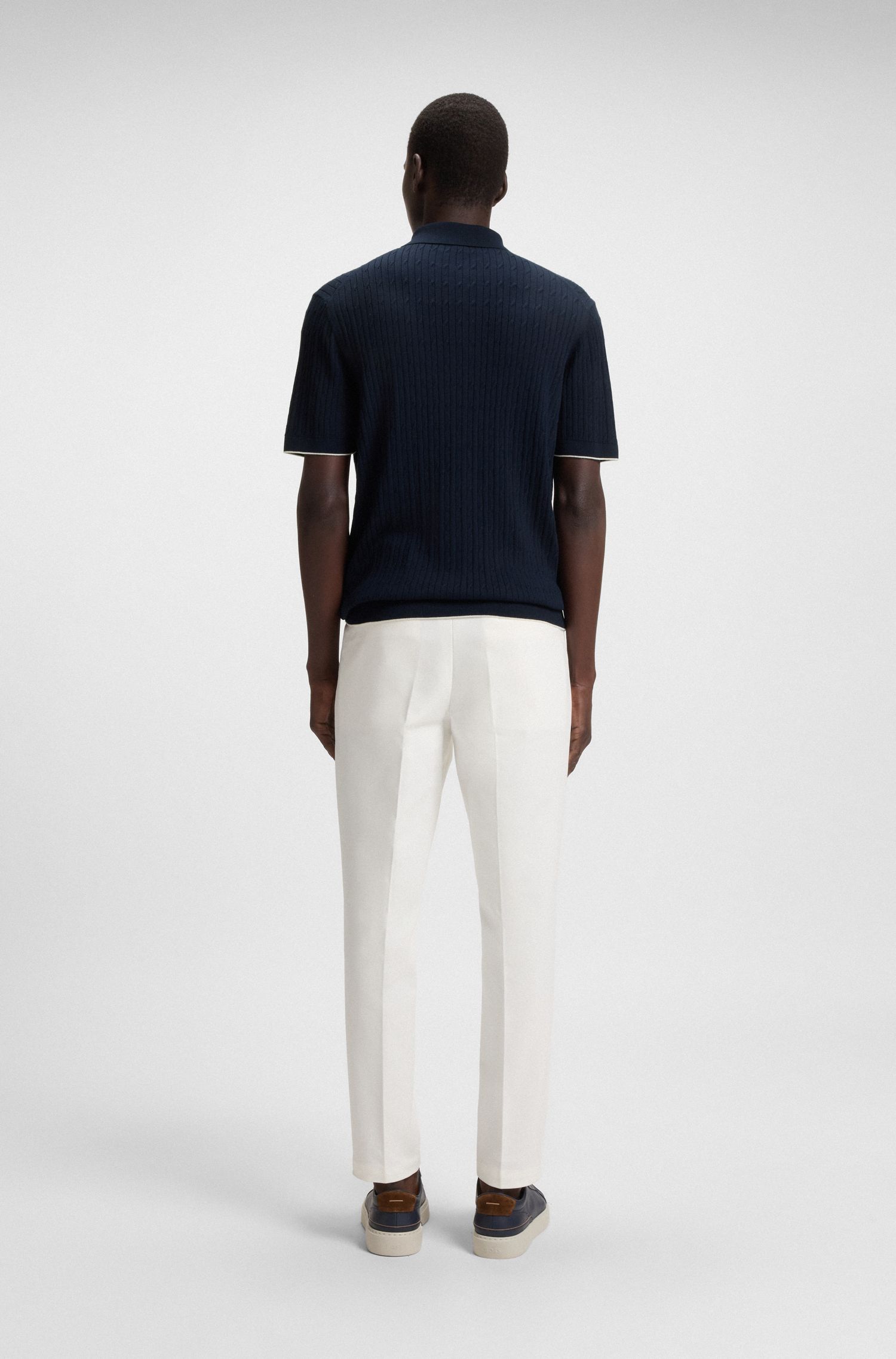 BOSS - Áo polo dệt xoắn thừng vải lụa cotton