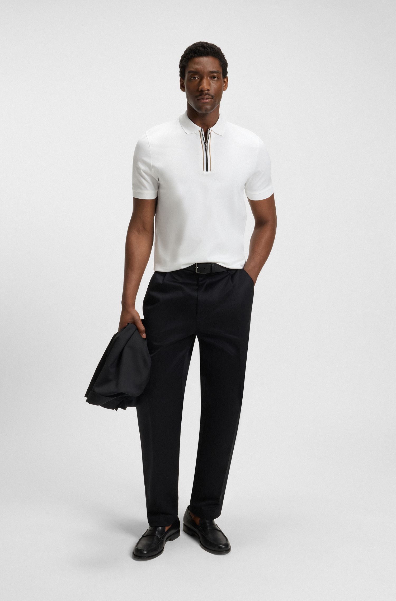 BOSS - Áo polo vải cotton mercerised cổ kéo khóa