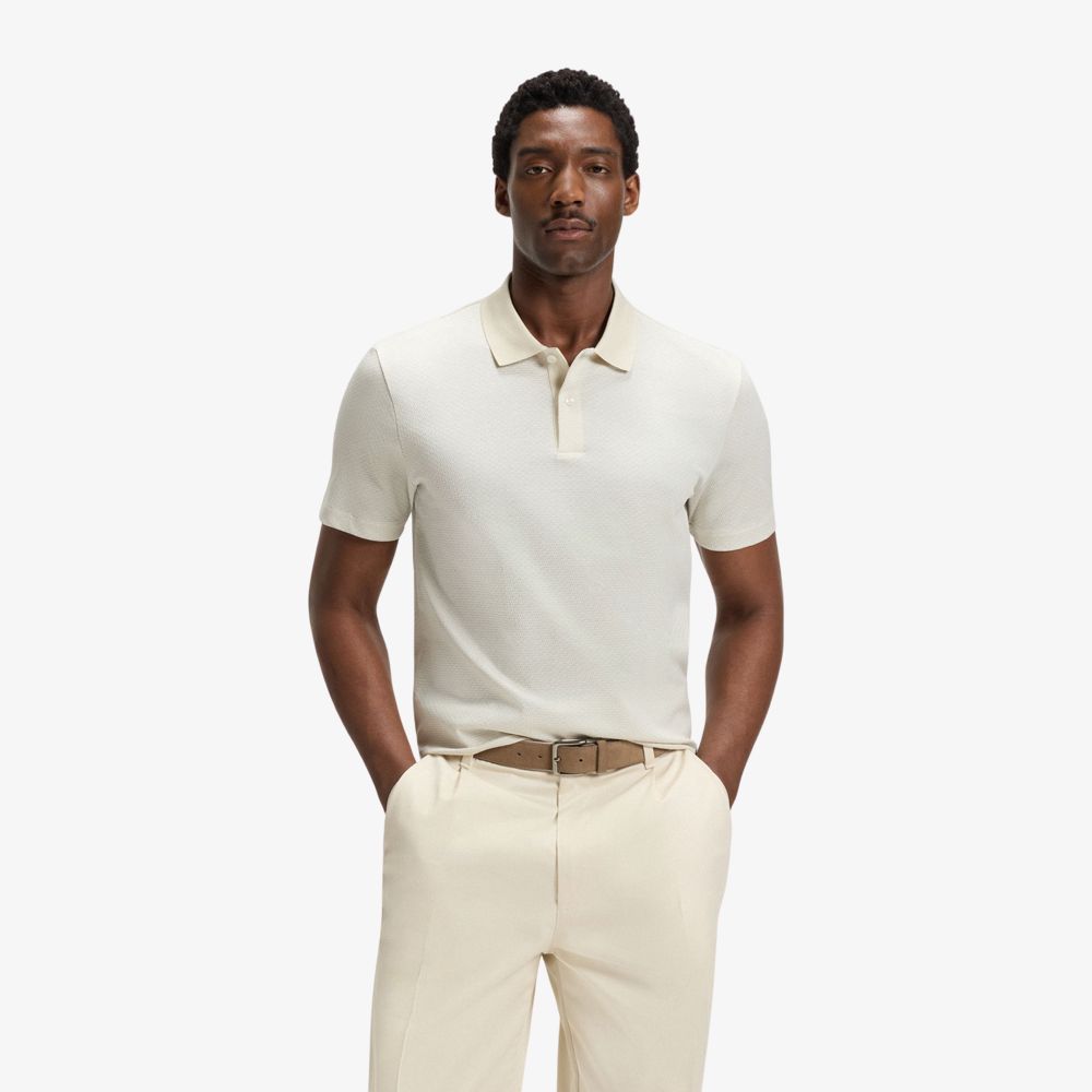 BOSS - Áo polo cotton mercerized họa tiết jacquard hình học