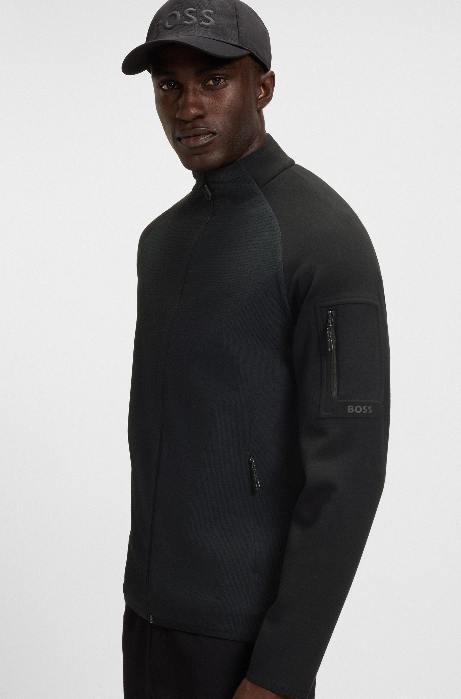 BOSS - Áo sweatshirt kéo khóa dáng regular-fit với chi tiết phản quang trang trí