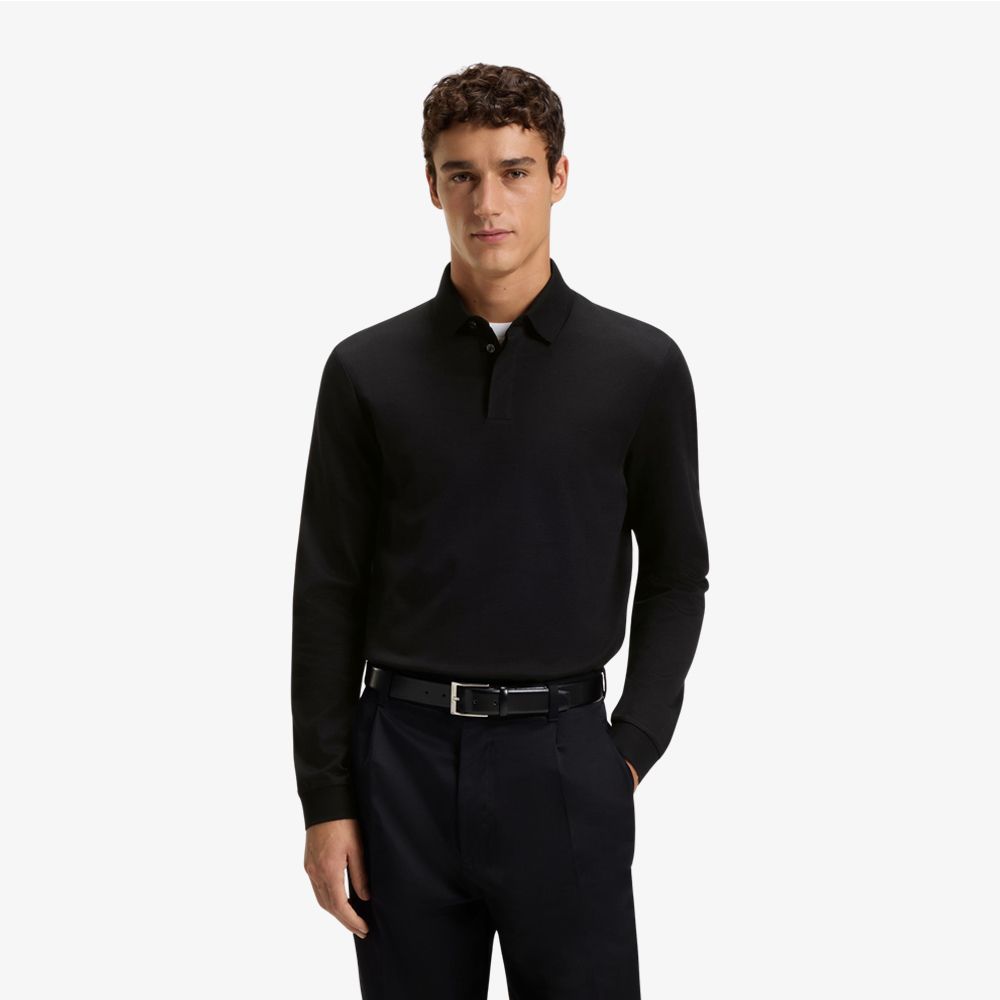 BOSS - Áo polo vải cotton mercerised với cổ trơn