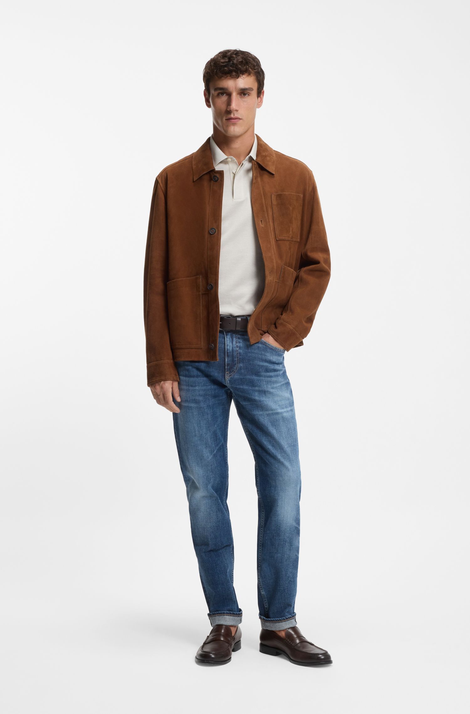 BOSS - Áo polo vải cotton mercerised với cổ trơn