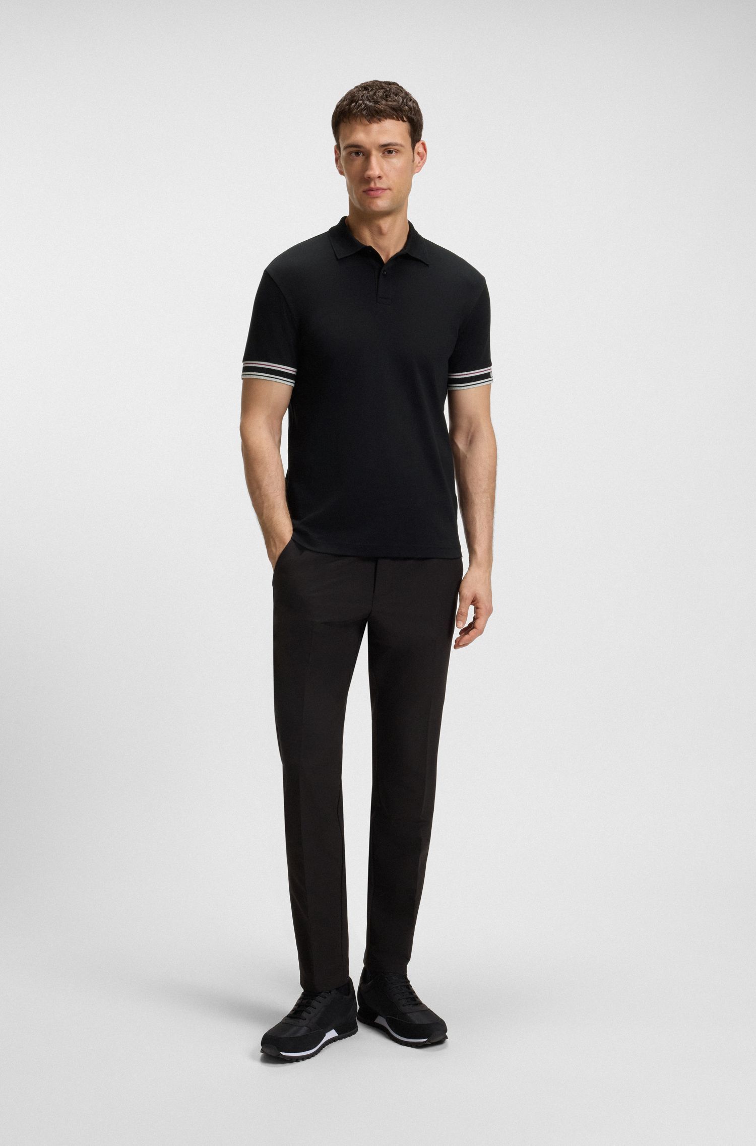 BOSS - Áo polo cotton cổ sọc dáng ôm