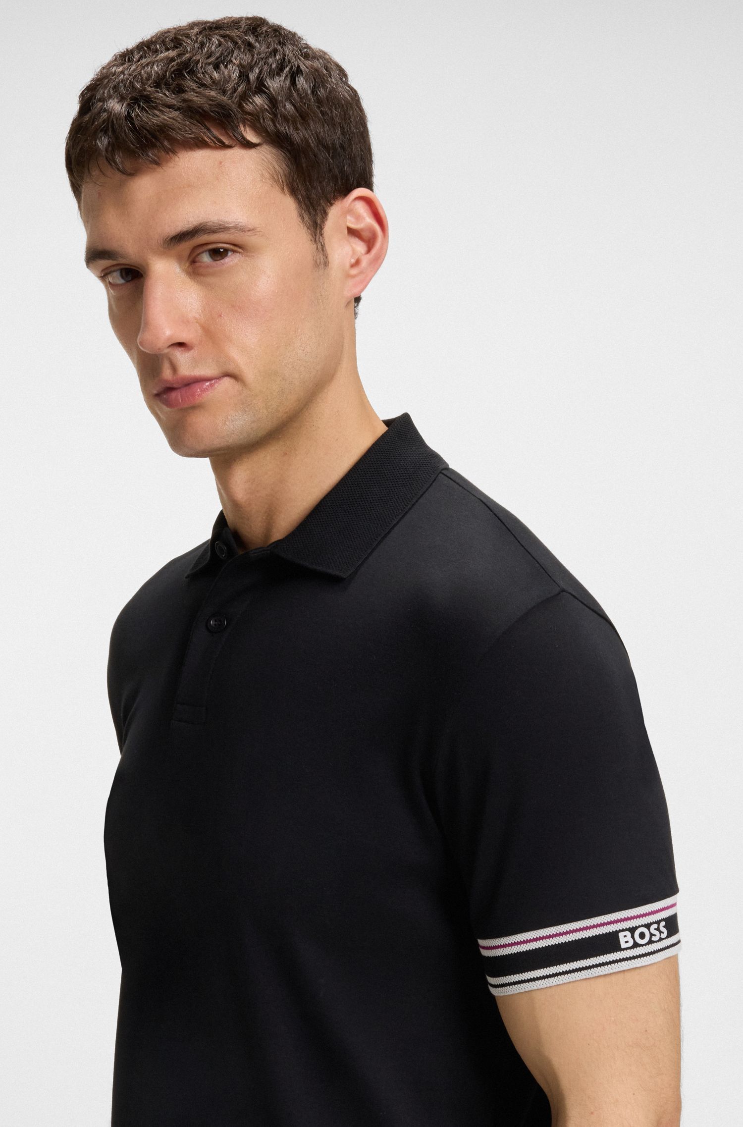BOSS - Áo polo cotton cổ sọc dáng ôm
