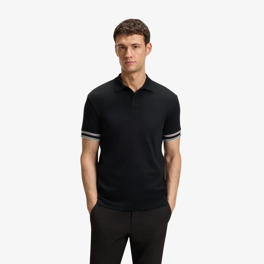 BOSS - Áo polo cotton cổ sọc dáng ôm
