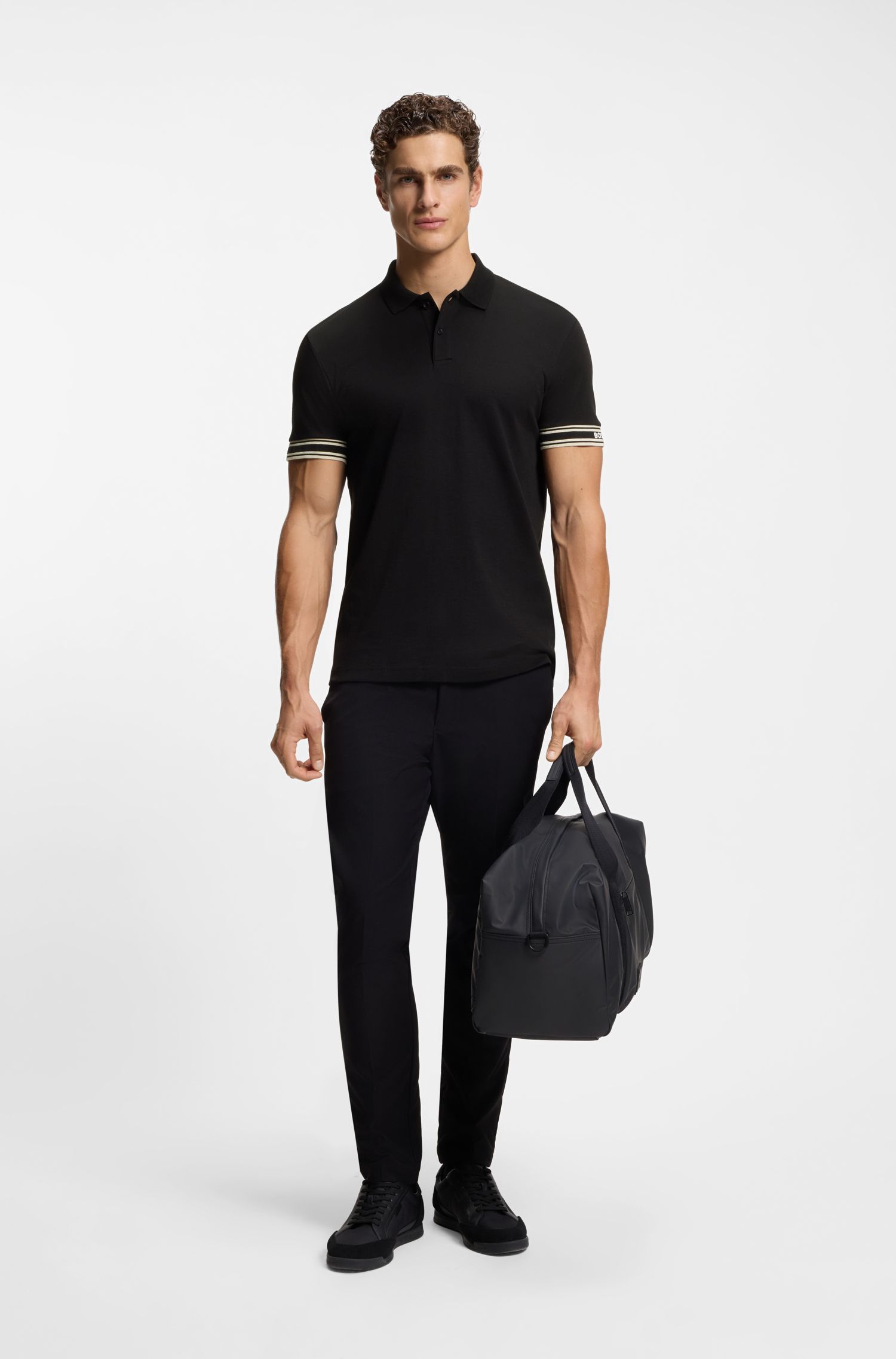 BOSS - Áo polo cotton cổ sọc dáng ôm