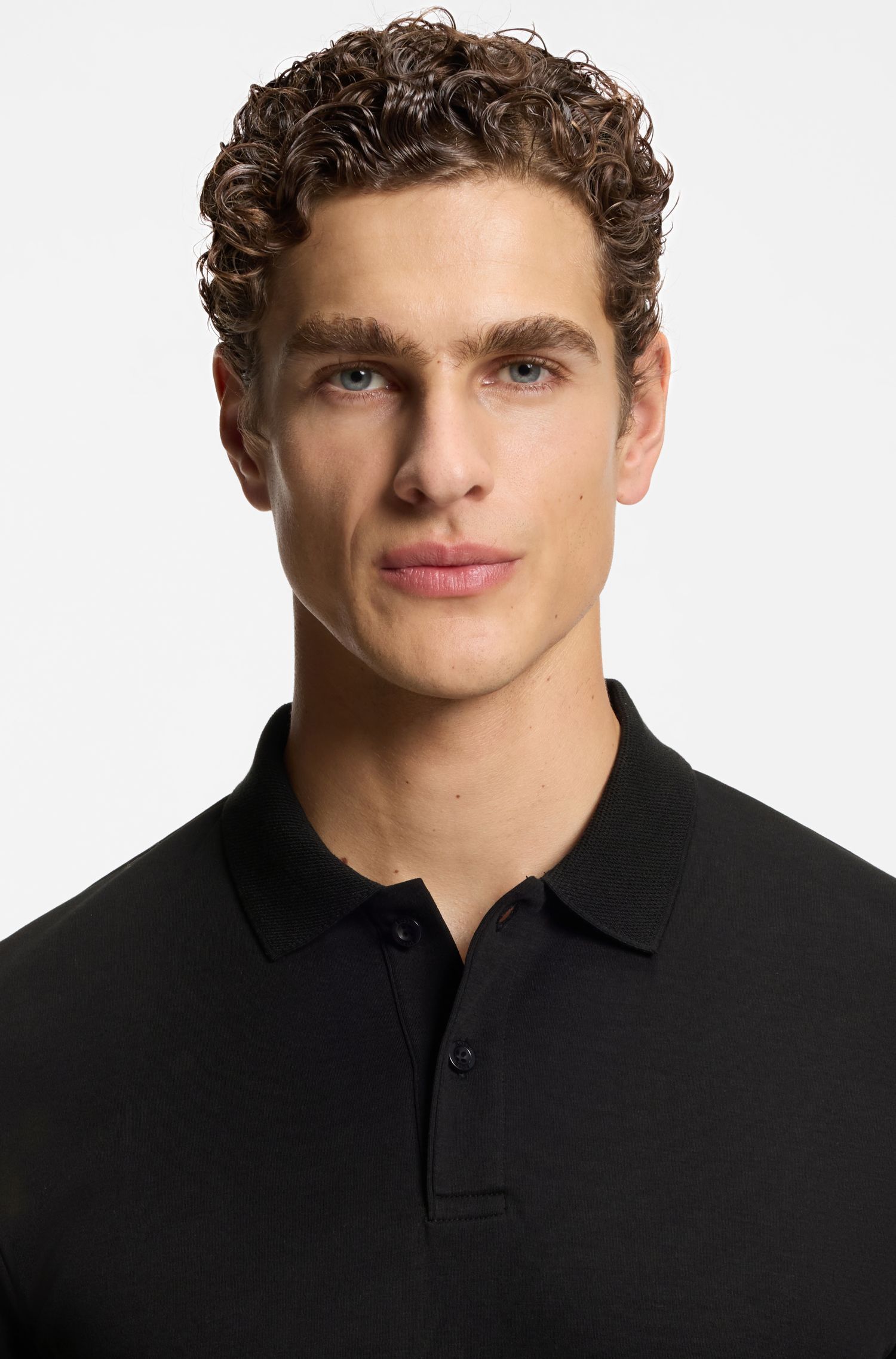 BOSS - Áo polo cotton cổ sọc dáng ôm