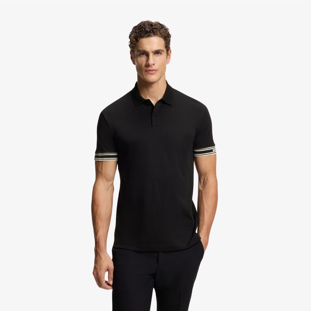 BOSS - Áo polo cotton cổ sọc dáng ôm