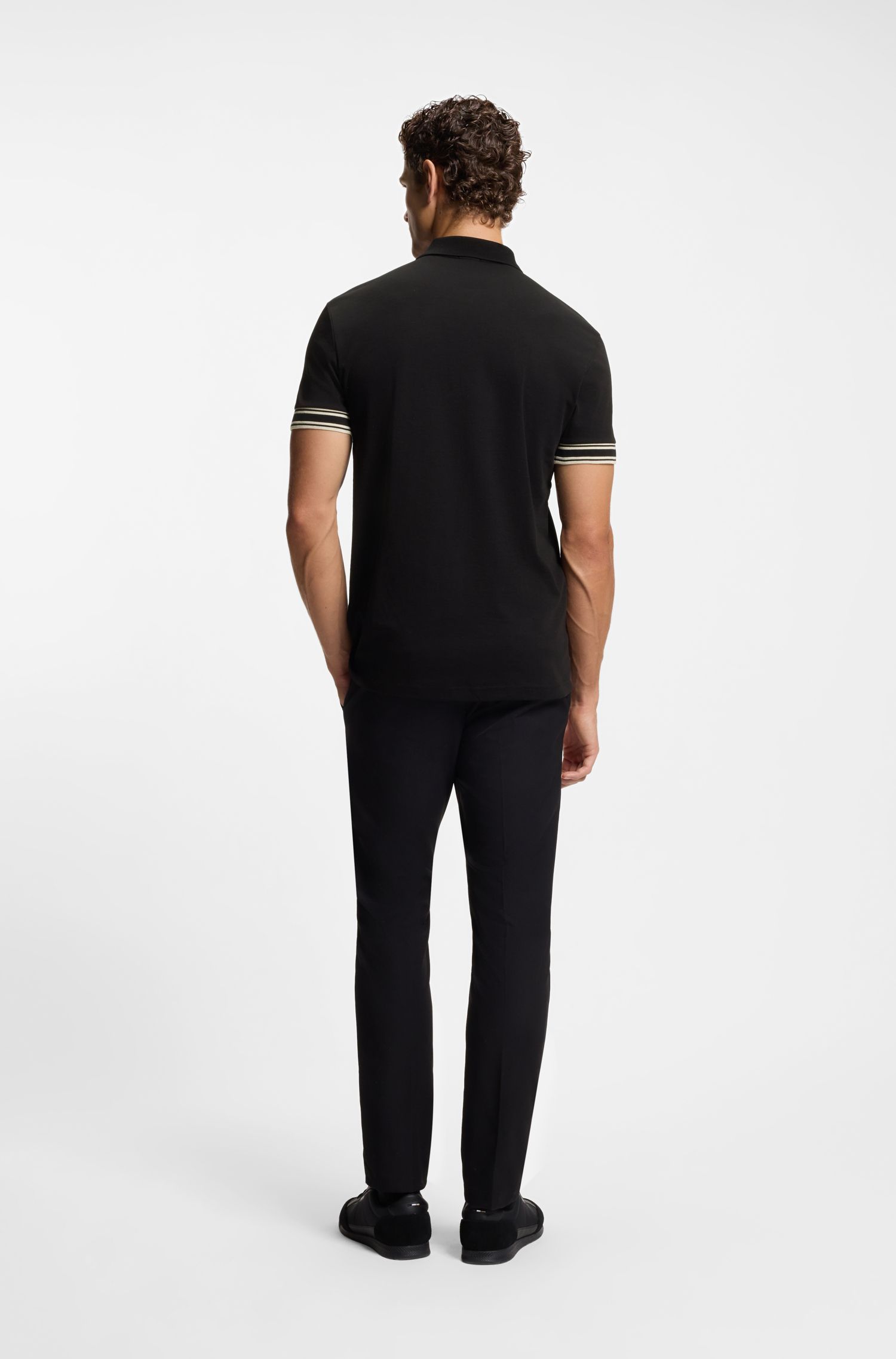 BOSS - Áo polo cotton cổ sọc dáng ôm