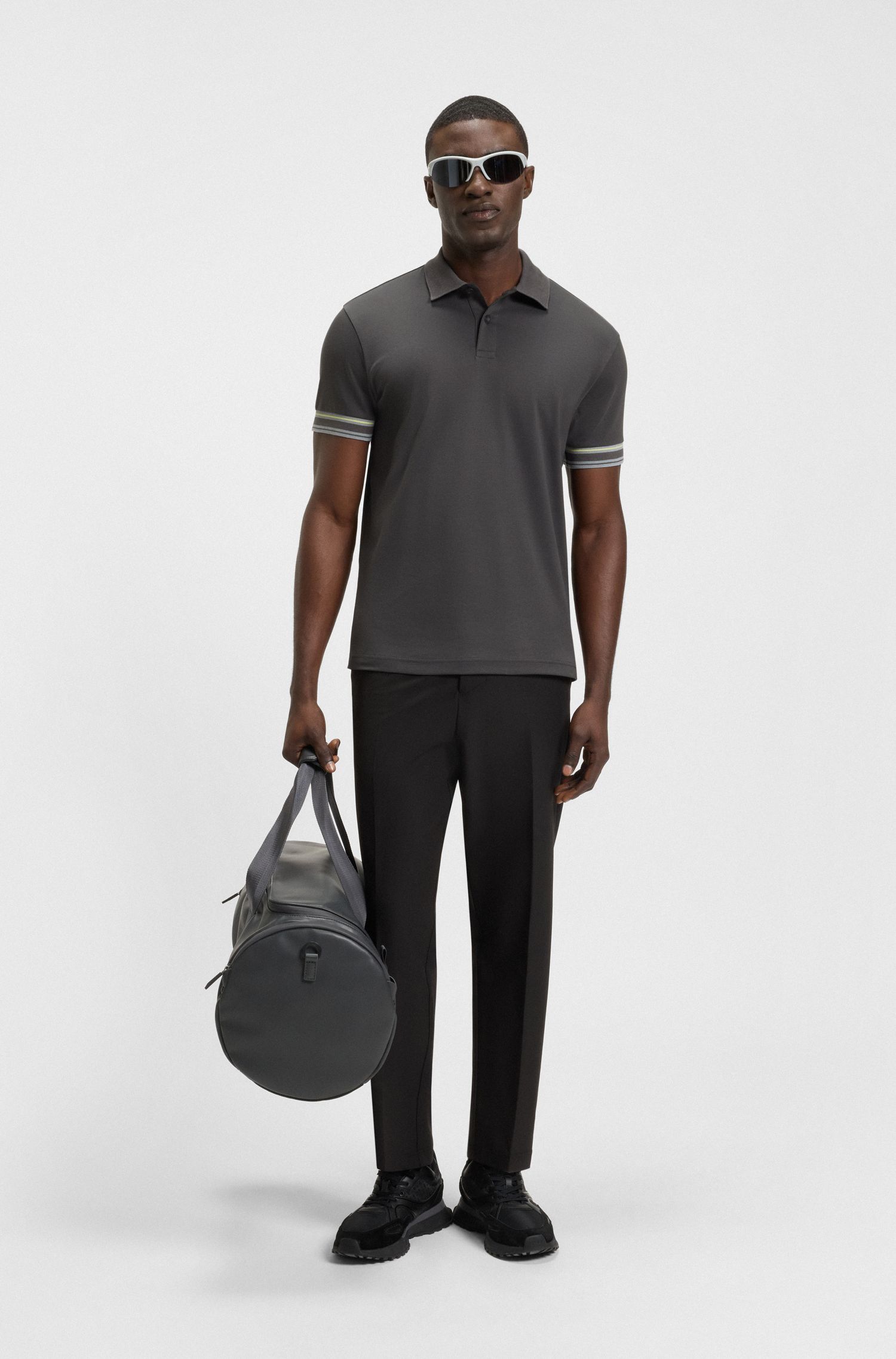 BOSS - Áo polo cotton cổ sọc dáng ôm