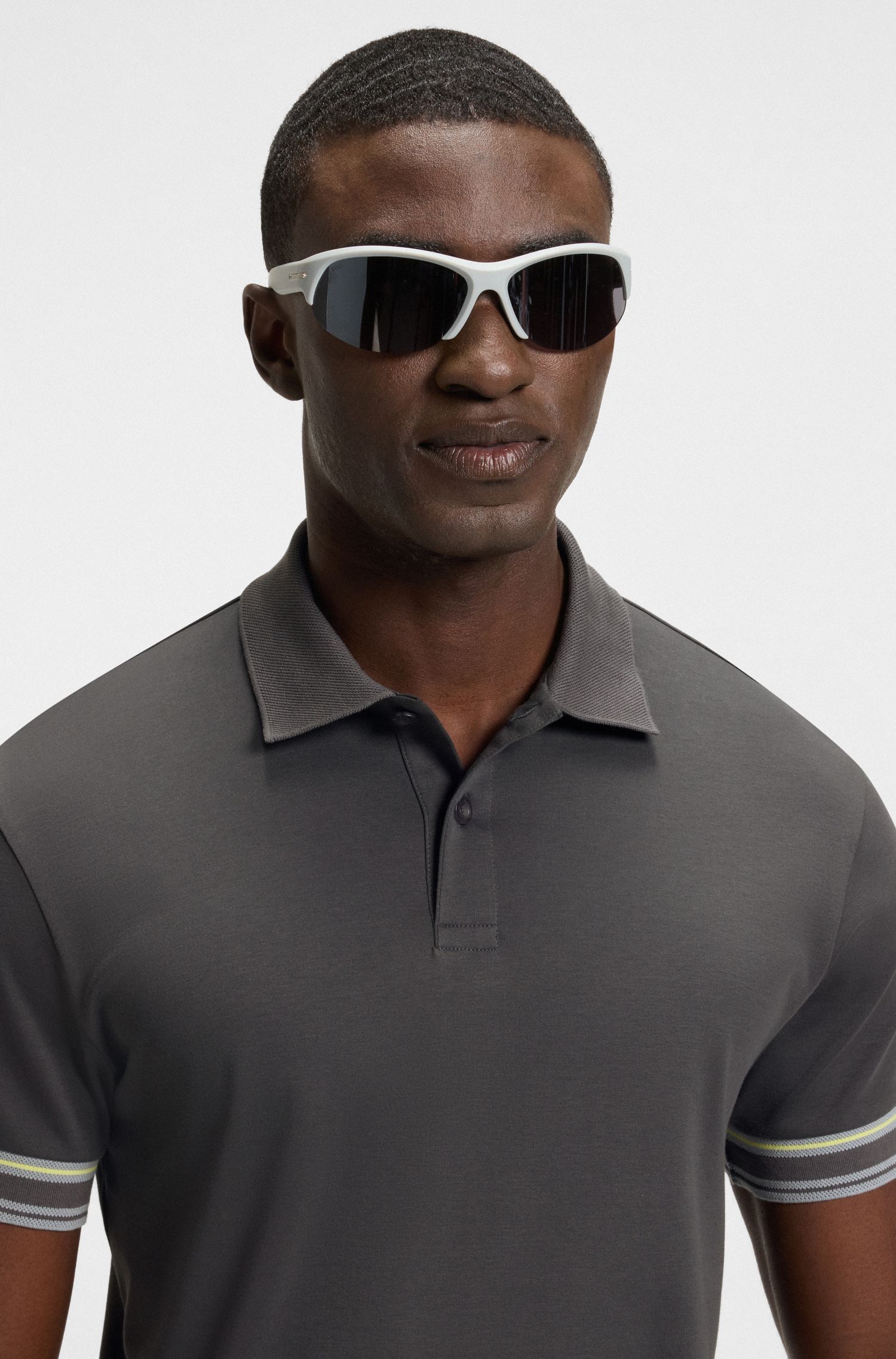 BOSS - Áo polo cotton cổ sọc dáng ôm