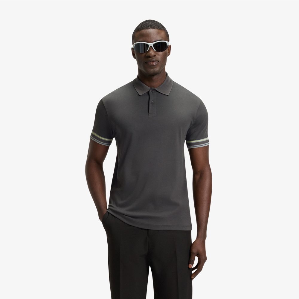 BOSS - Áo polo cotton cổ sọc dáng ôm