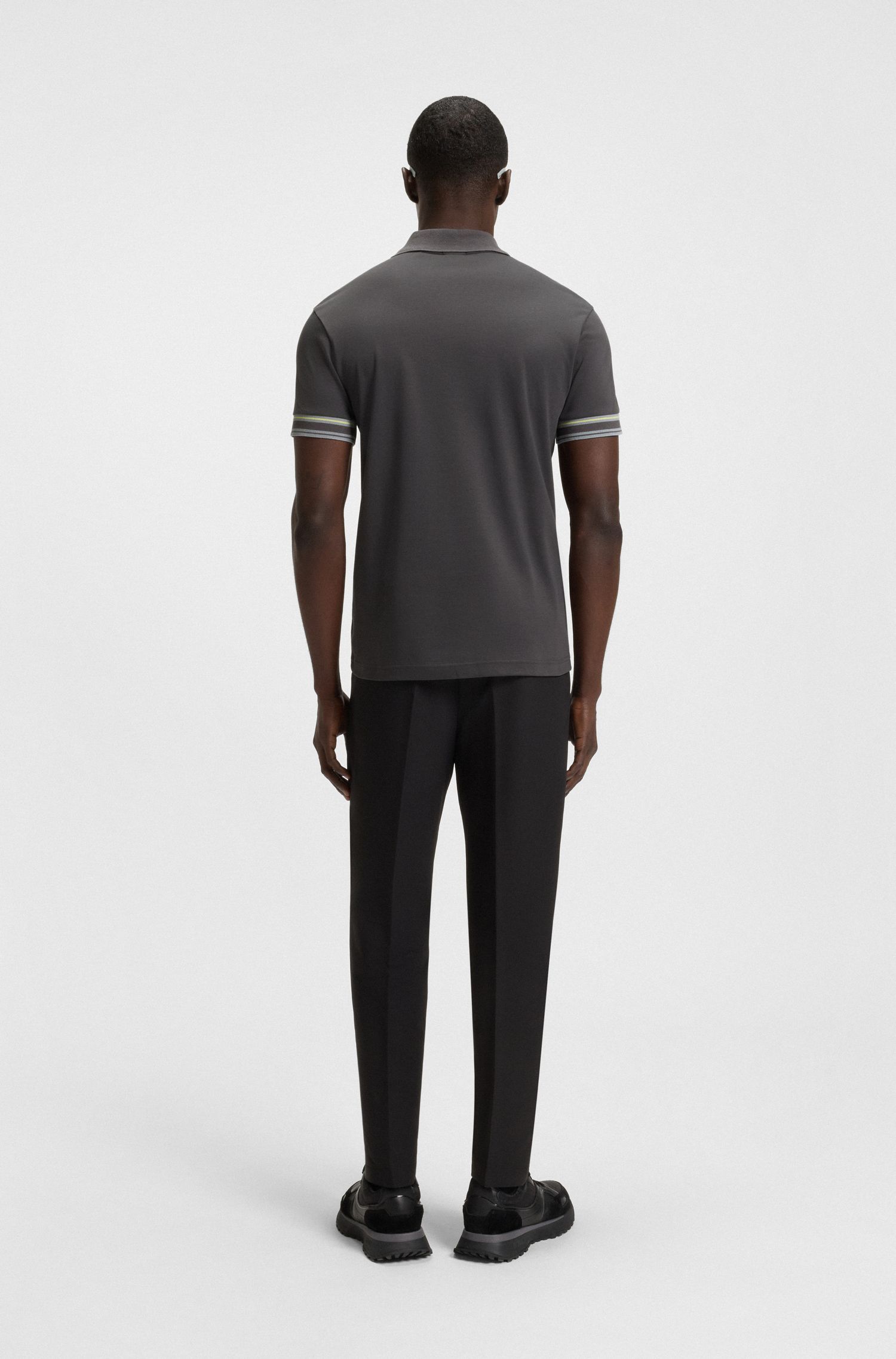 BOSS - Áo polo cotton cổ sọc dáng ôm