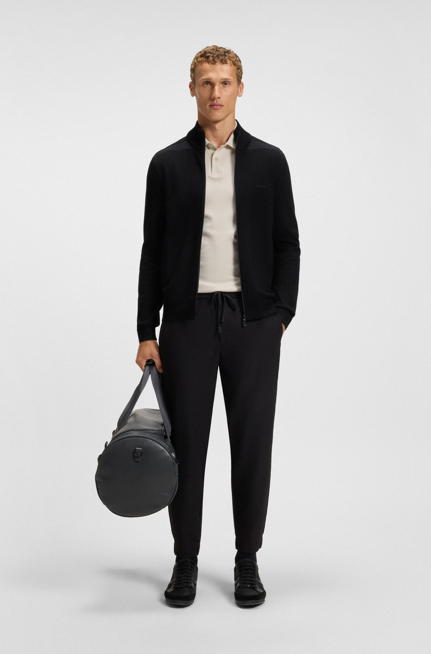 BOSS - Áo polo cotton cổ sọc dáng ôm