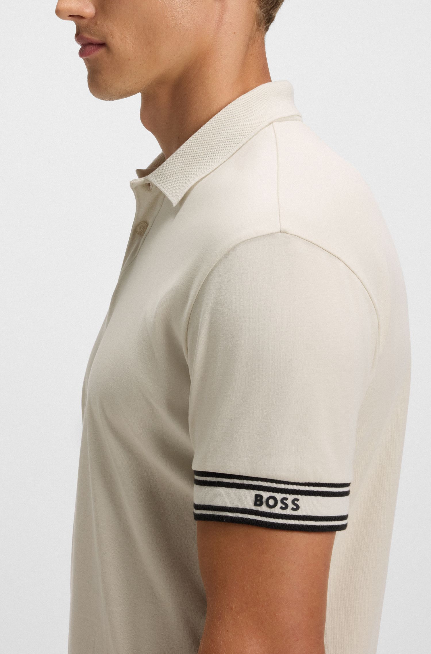 BOSS - Áo polo cotton cổ sọc dáng ôm