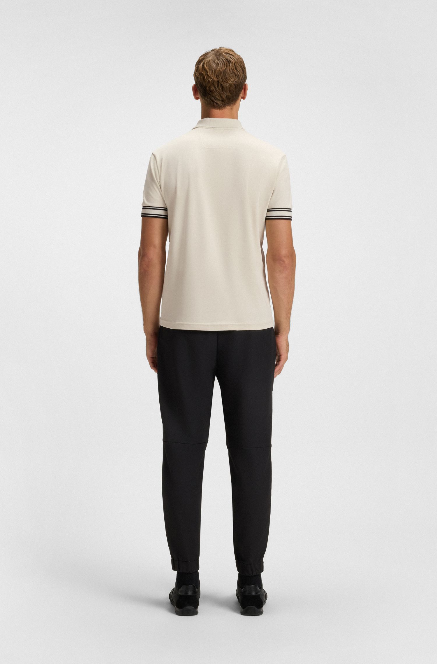BOSS - Áo polo cotton cổ sọc dáng ôm