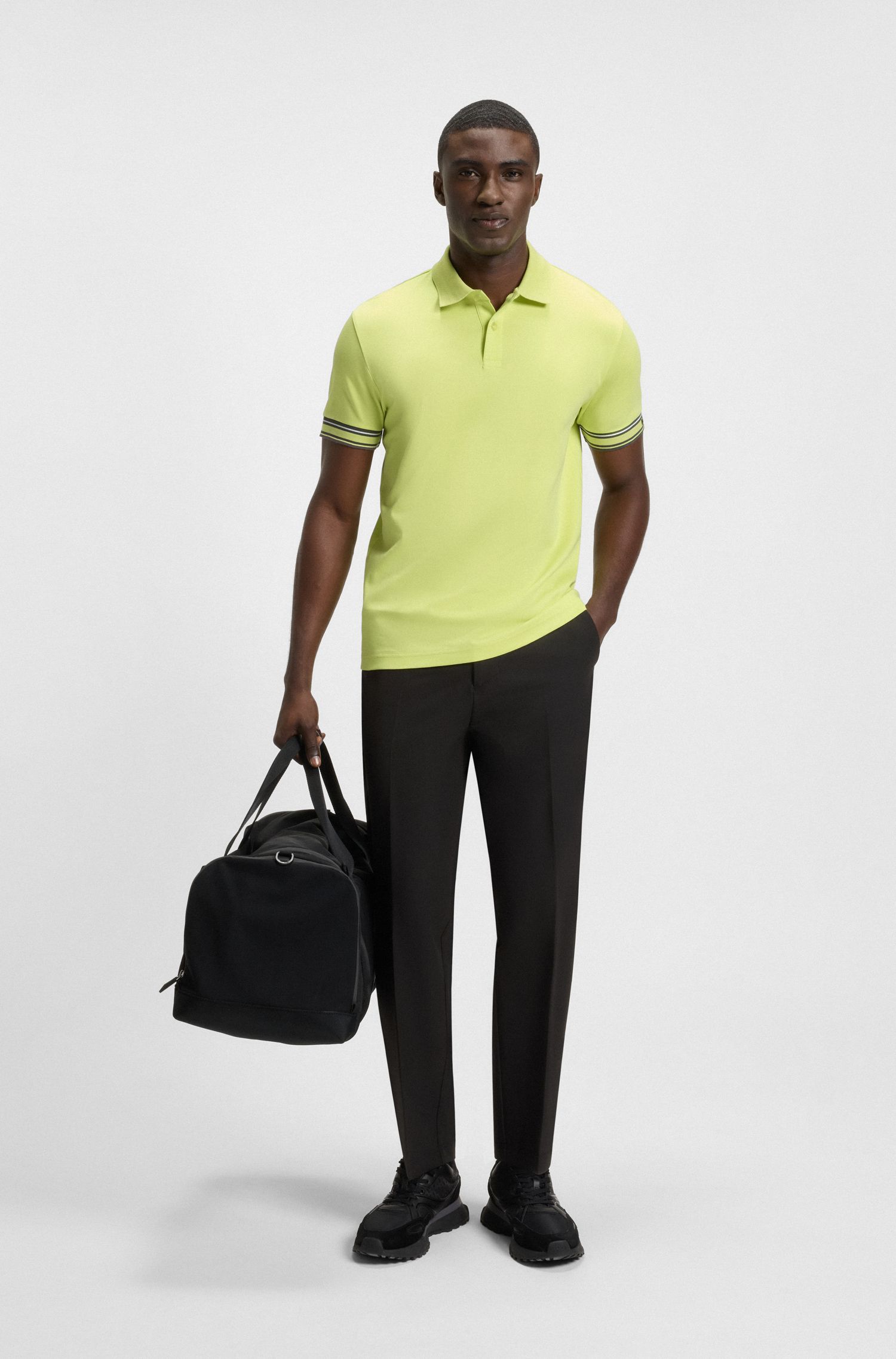 BOSS - Áo polo cotton cổ sọc dáng ôm