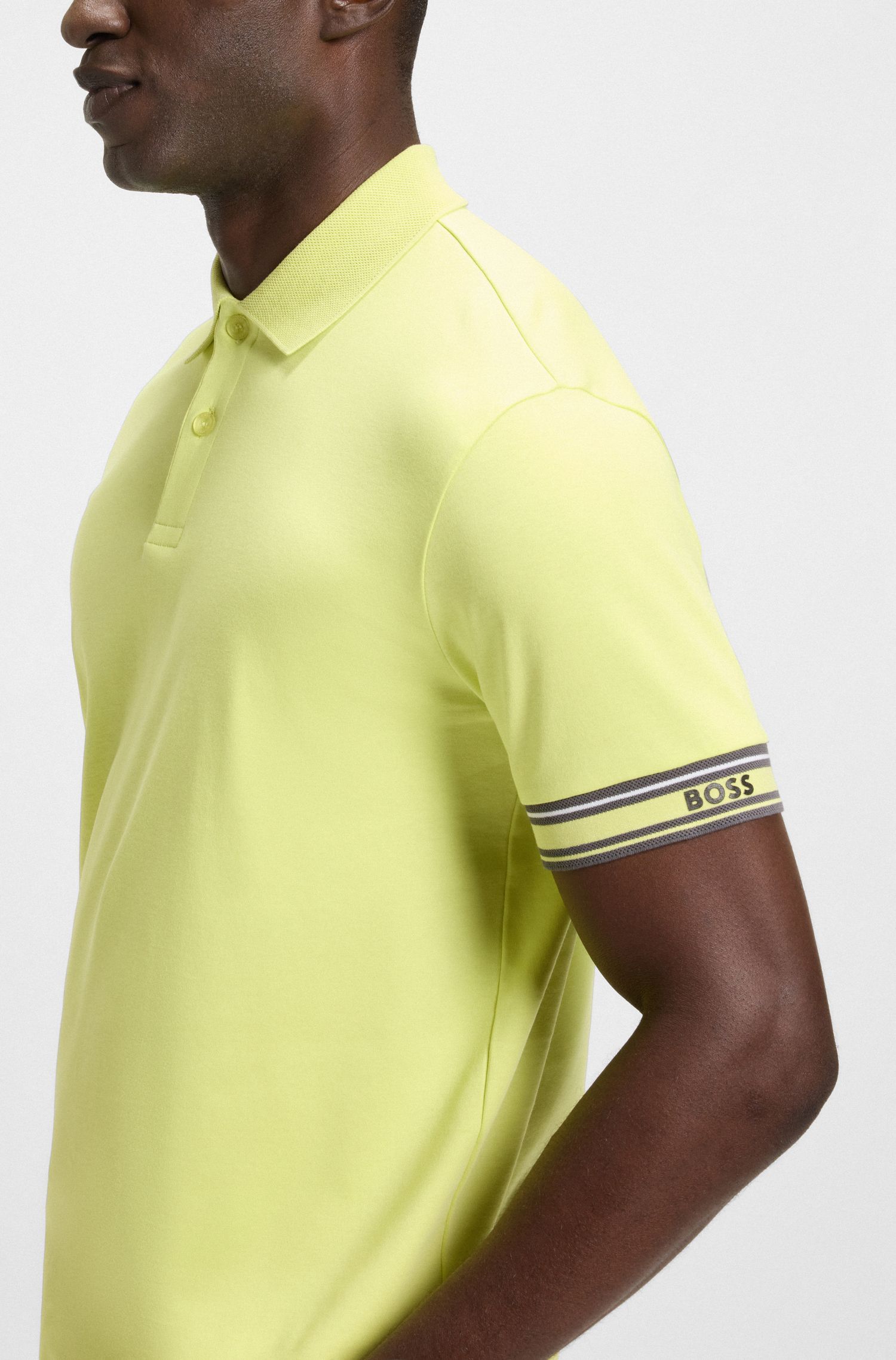 BOSS - Áo polo cotton cổ sọc dáng ôm