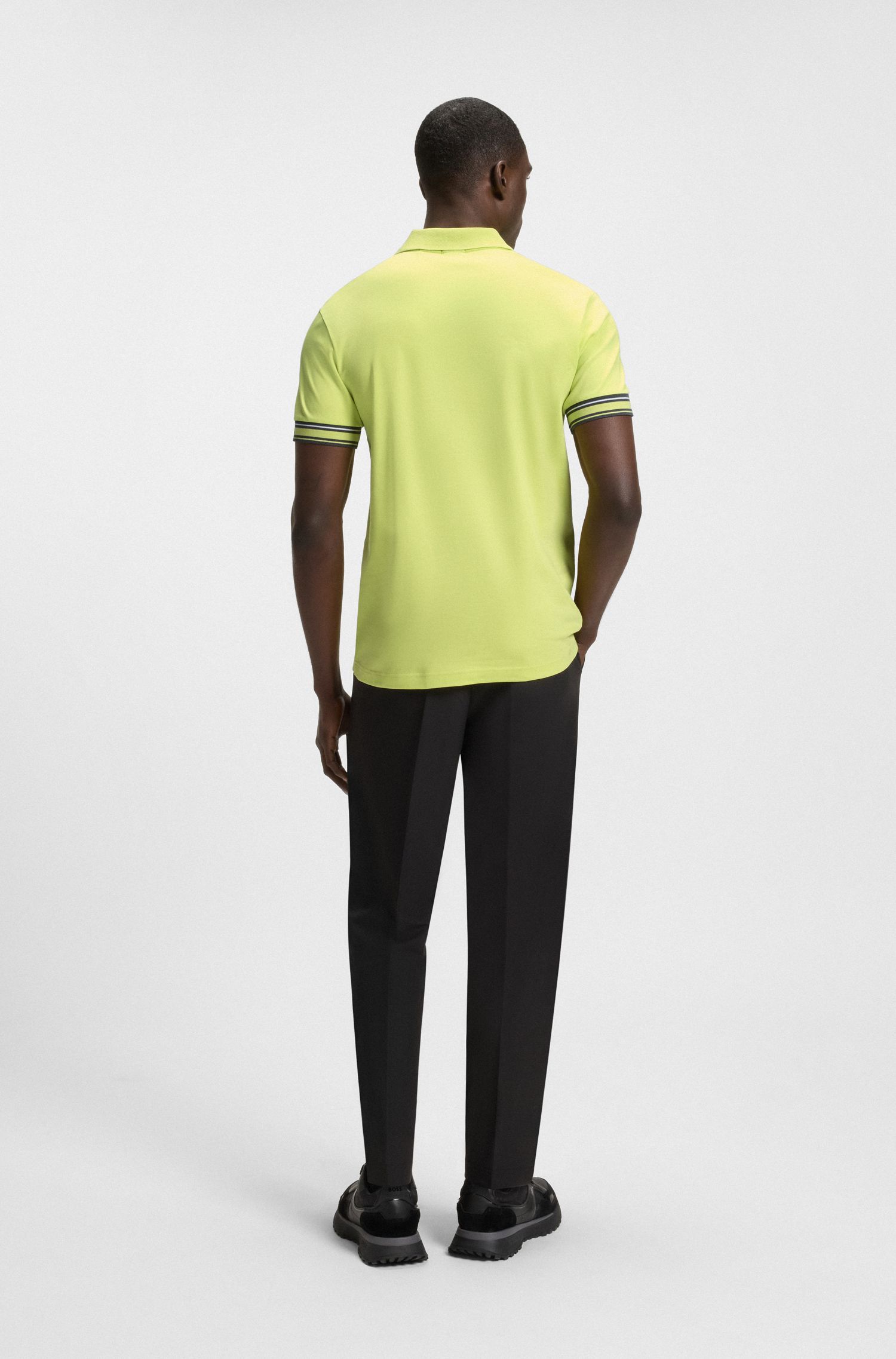 BOSS - Áo polo cotton cổ sọc dáng ôm